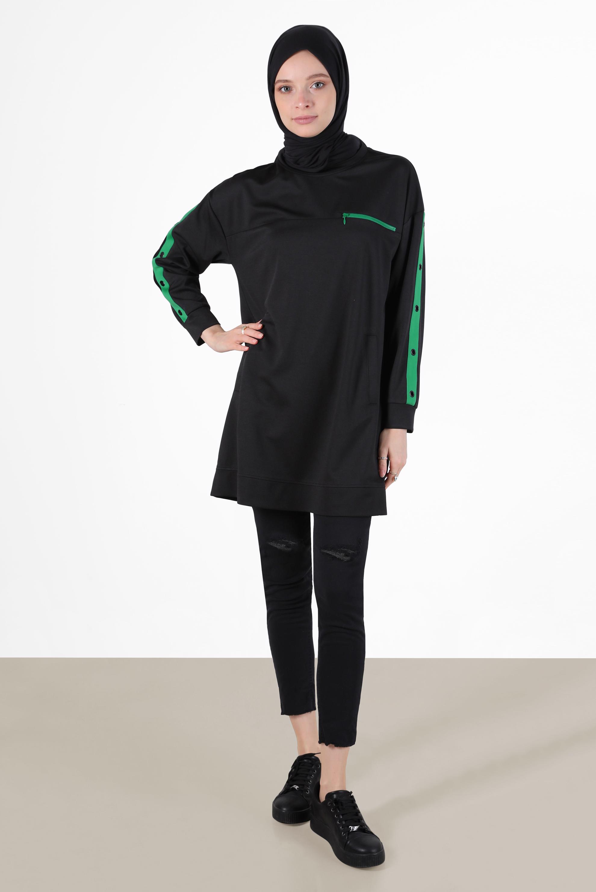 Tesettür giyim SİYAH KUŞGÖZÜ DETAYLI CEPLİ EŞOFMAN TUNİK 42854