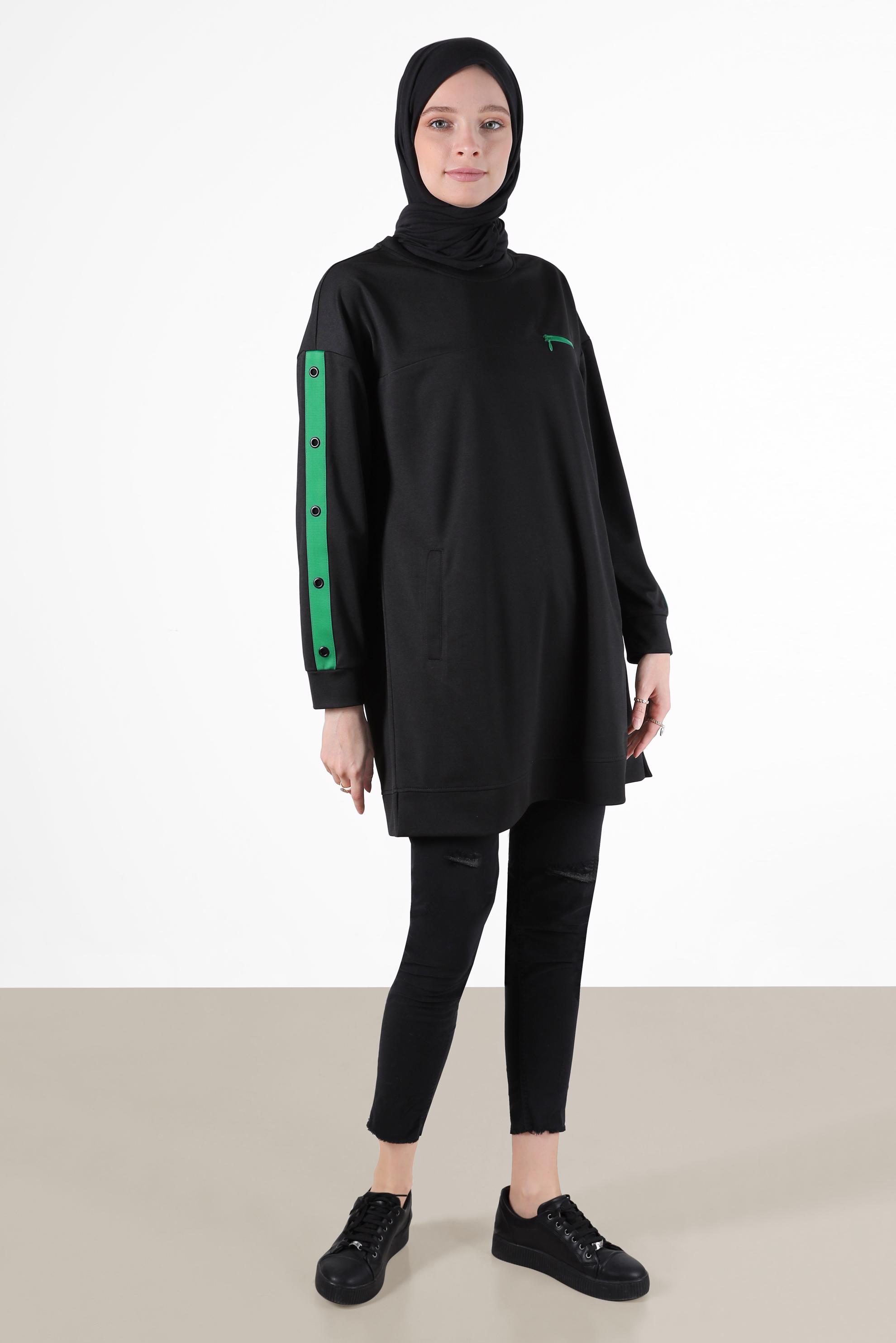 Tesettür giyim SİYAH KUŞGÖZÜ DETAYLI CEPLİ EŞOFMAN TUNİK 42854