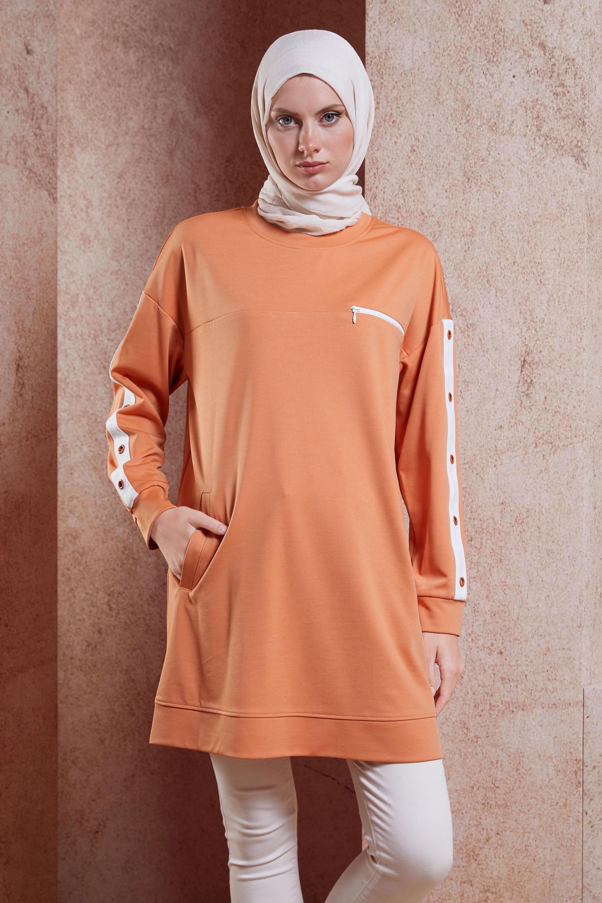 Tesettür giyim TURUNCU KUŞGÖZÜ DETAYLI CEPLİ EŞOFMAN TUNİK 42854
