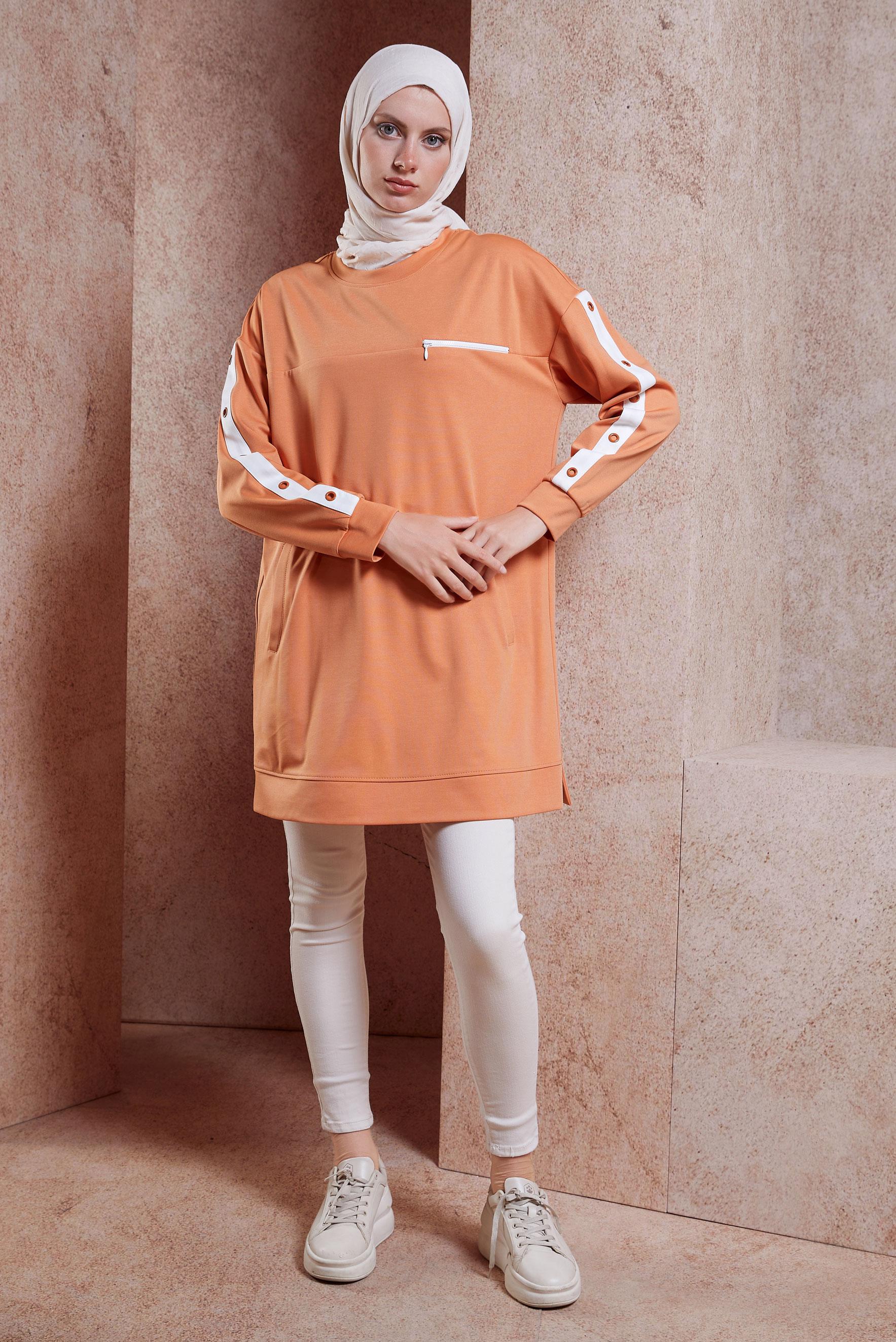 Tesettür giyim TURUNCU KUŞGÖZÜ DETAYLI CEPLİ EŞOFMAN TUNİK 42854