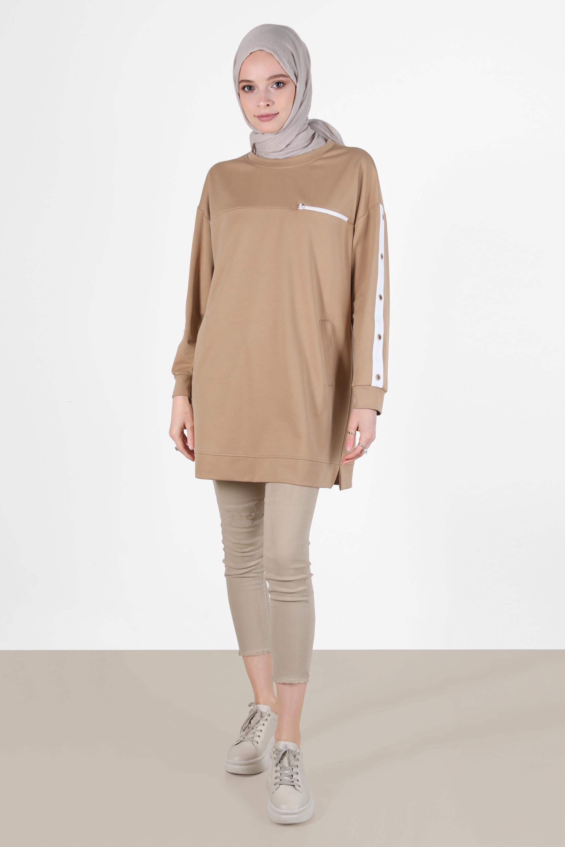 Tesettür giyim KAHVE KUŞGÖZÜ DETAYLI CEPLİ EŞOFMAN TUNİK 42854