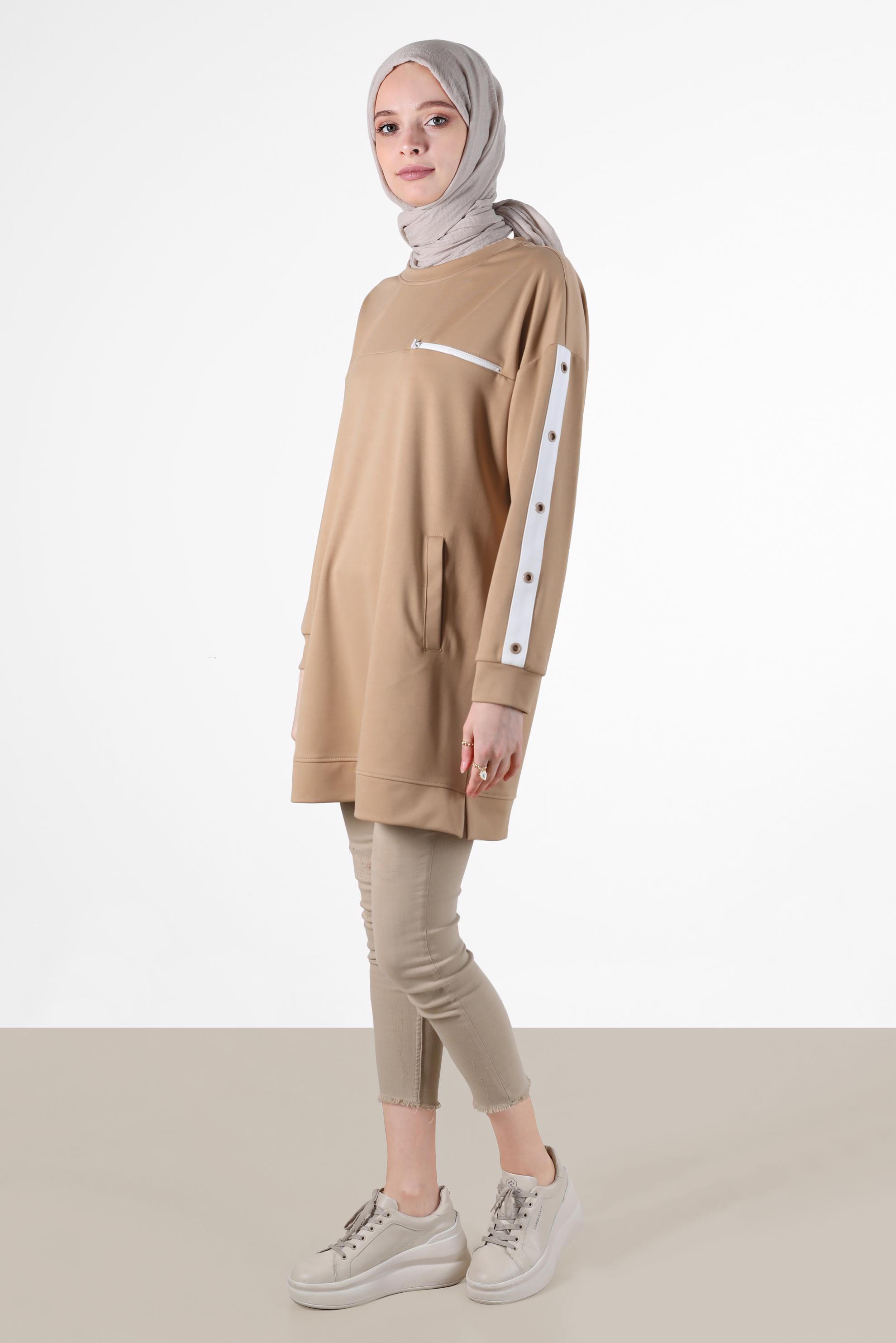 Tesettür giyim KAHVE KUŞGÖZÜ DETAYLI CEPLİ EŞOFMAN TUNİK 42854