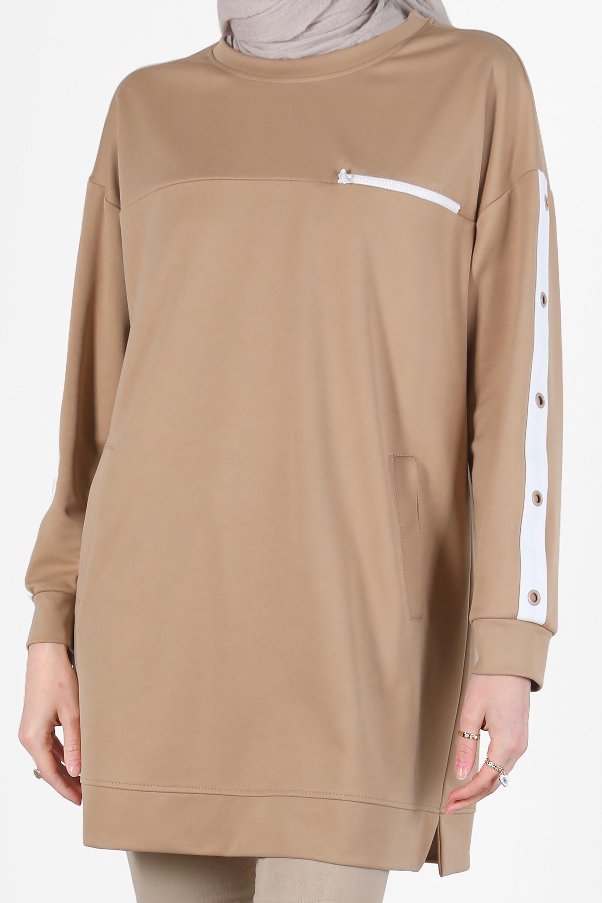 Tesettür giyim KAHVE KUŞGÖZÜ DETAYLI CEPLİ EŞOFMAN TUNİK 42854