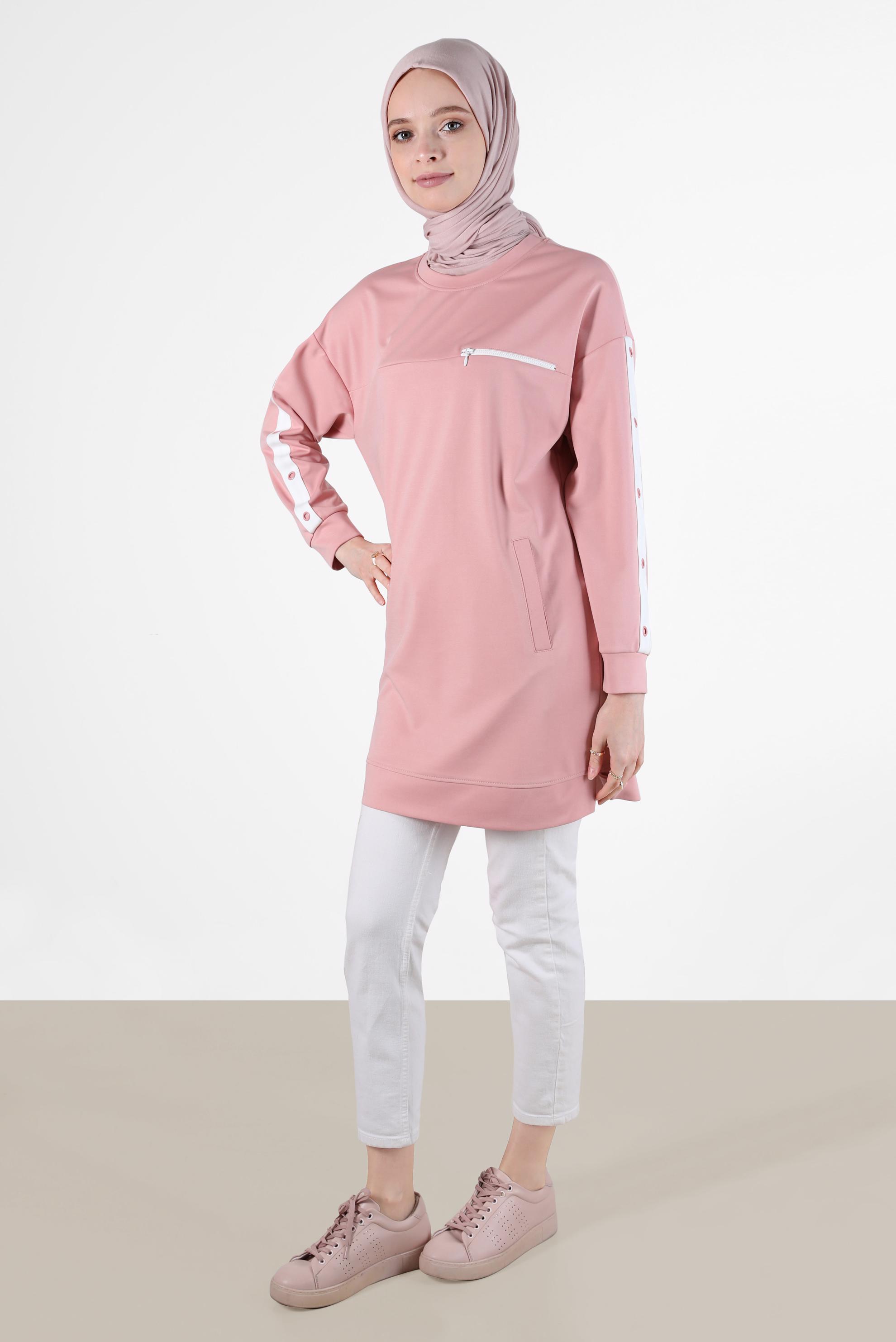 Tesettür giyim PUDRA KUŞGÖZÜ DETAYLI CEPLİ EŞOFMAN TUNİK 42854