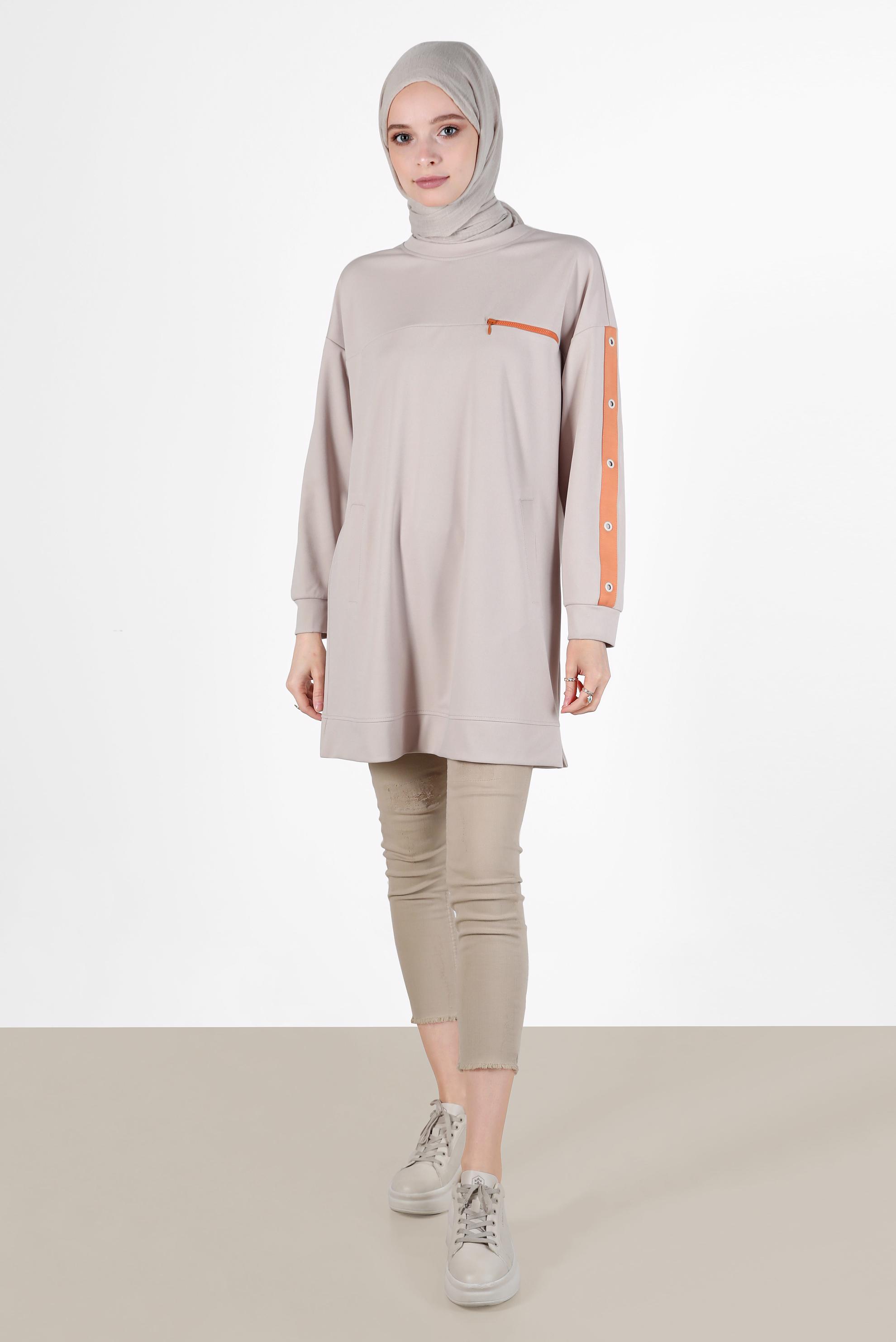 Vêtements hijab BEIGE TUNIQUE DE SURVÊTEMENT DÉTAIL ŒILLET AVEC POCHE 42854