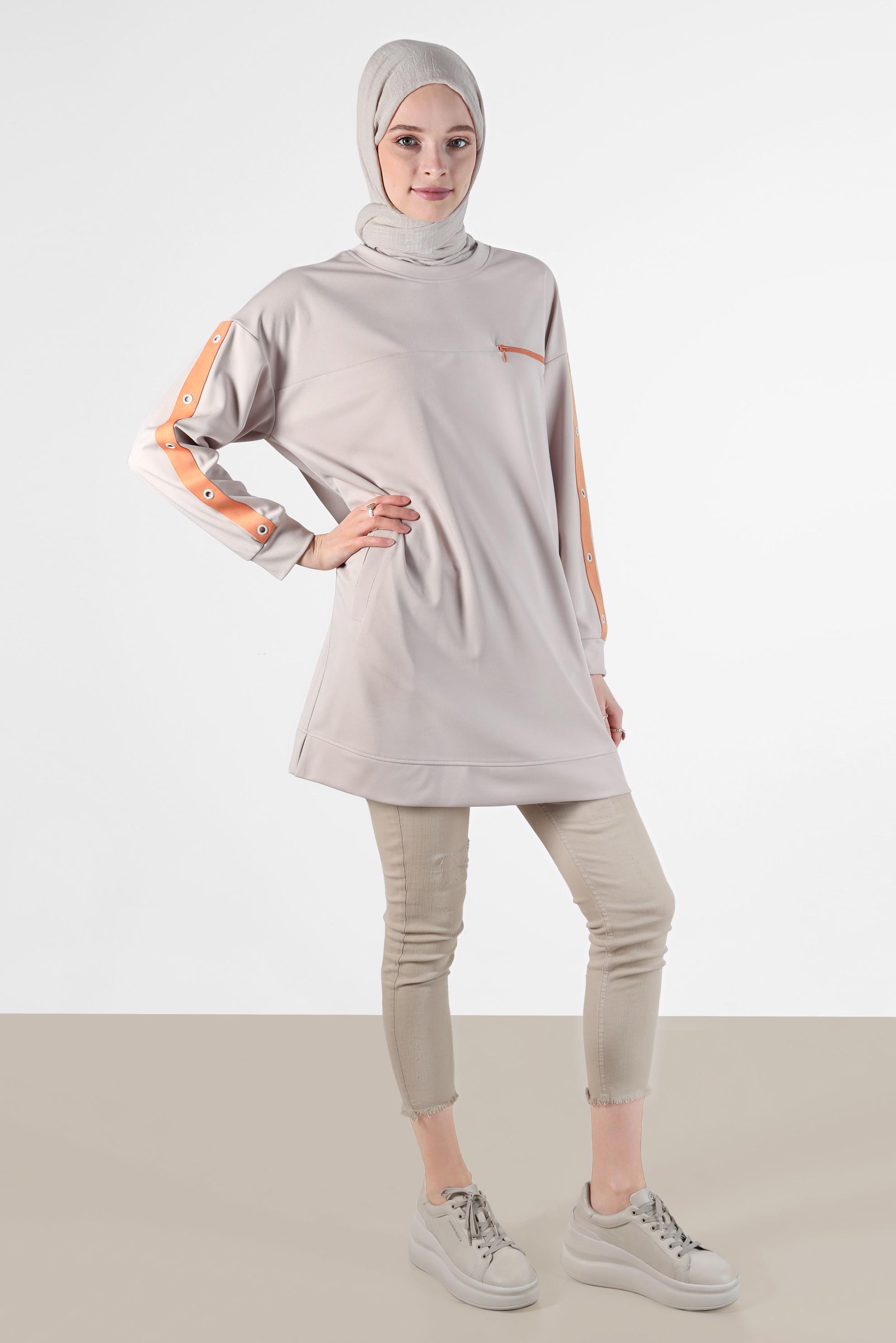 Vêtements hijab BEIGE TUNIQUE DE SURVÊTEMENT DÉTAIL ŒILLET AVEC POCHE 42854