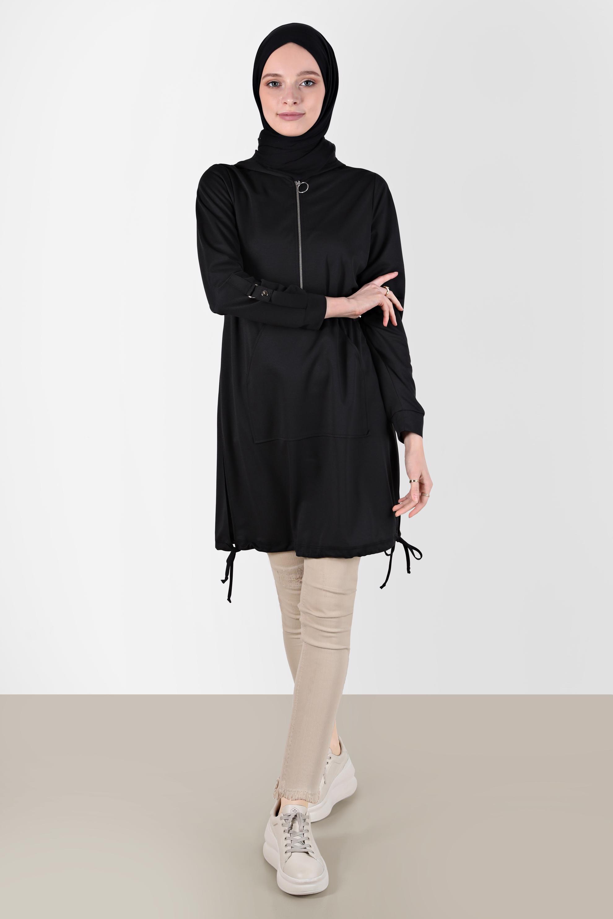 Tesettür giyim SİYAH KAPÜŞONLU EŞOFMAN TUNİK 42855