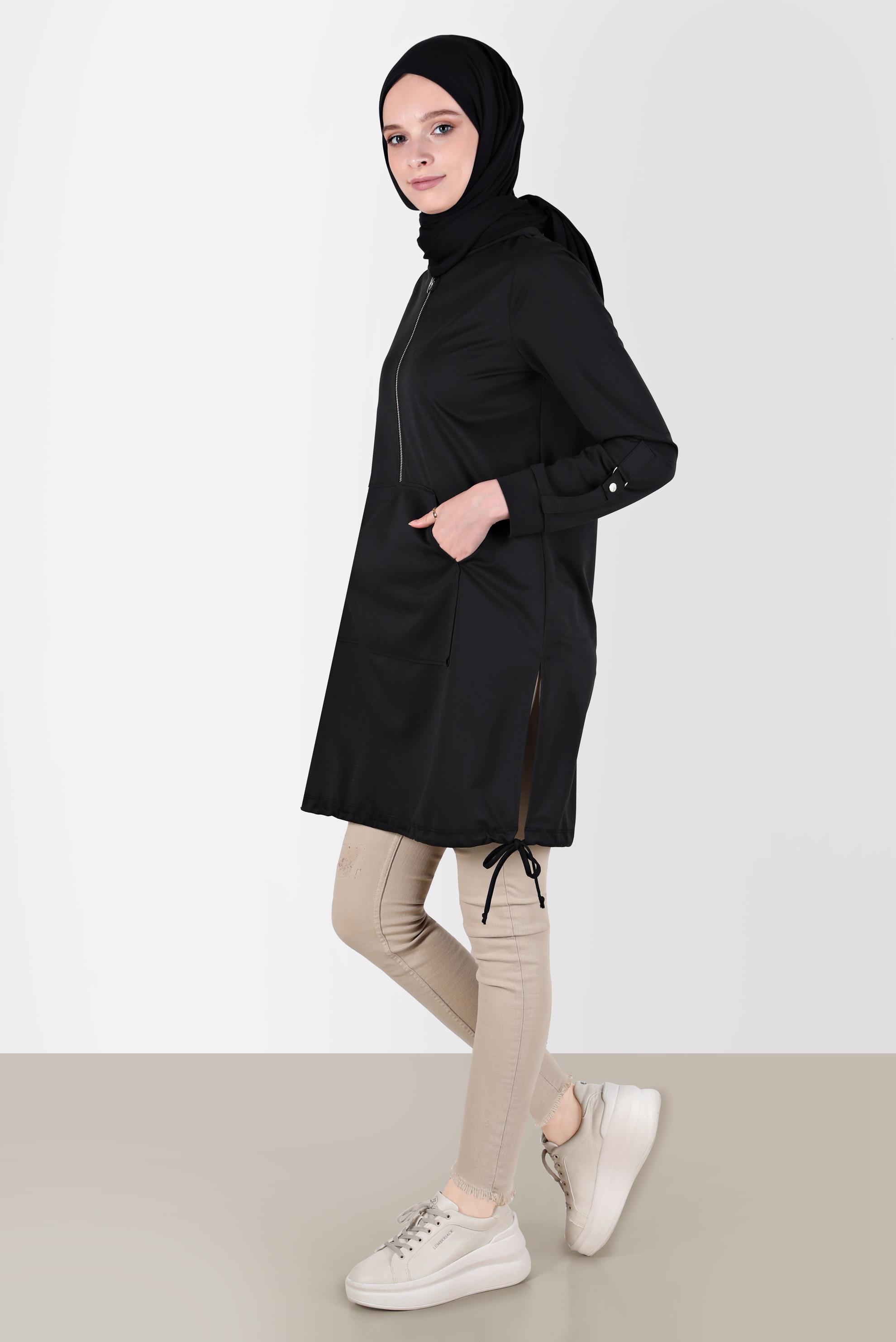 Tesettür giyim SİYAH KAPÜŞONLU EŞOFMAN TUNİK 42855