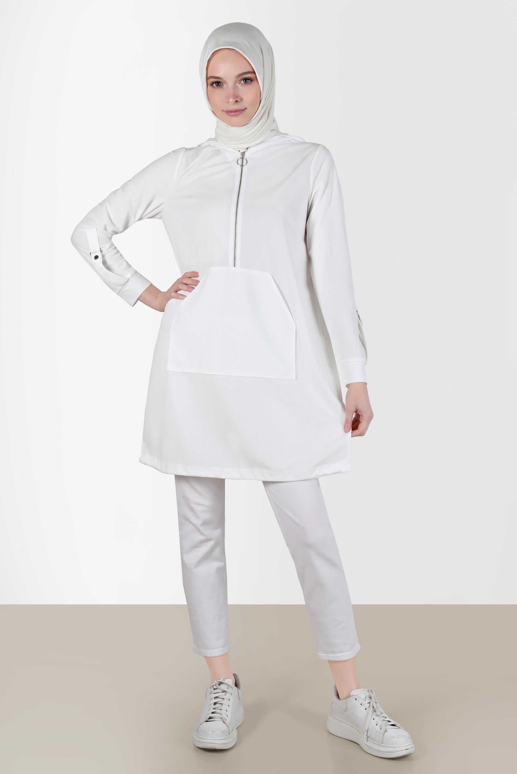 Tesettür giyim BEYAZ KAPÜŞONLU EŞOFMAN TUNİK 42855