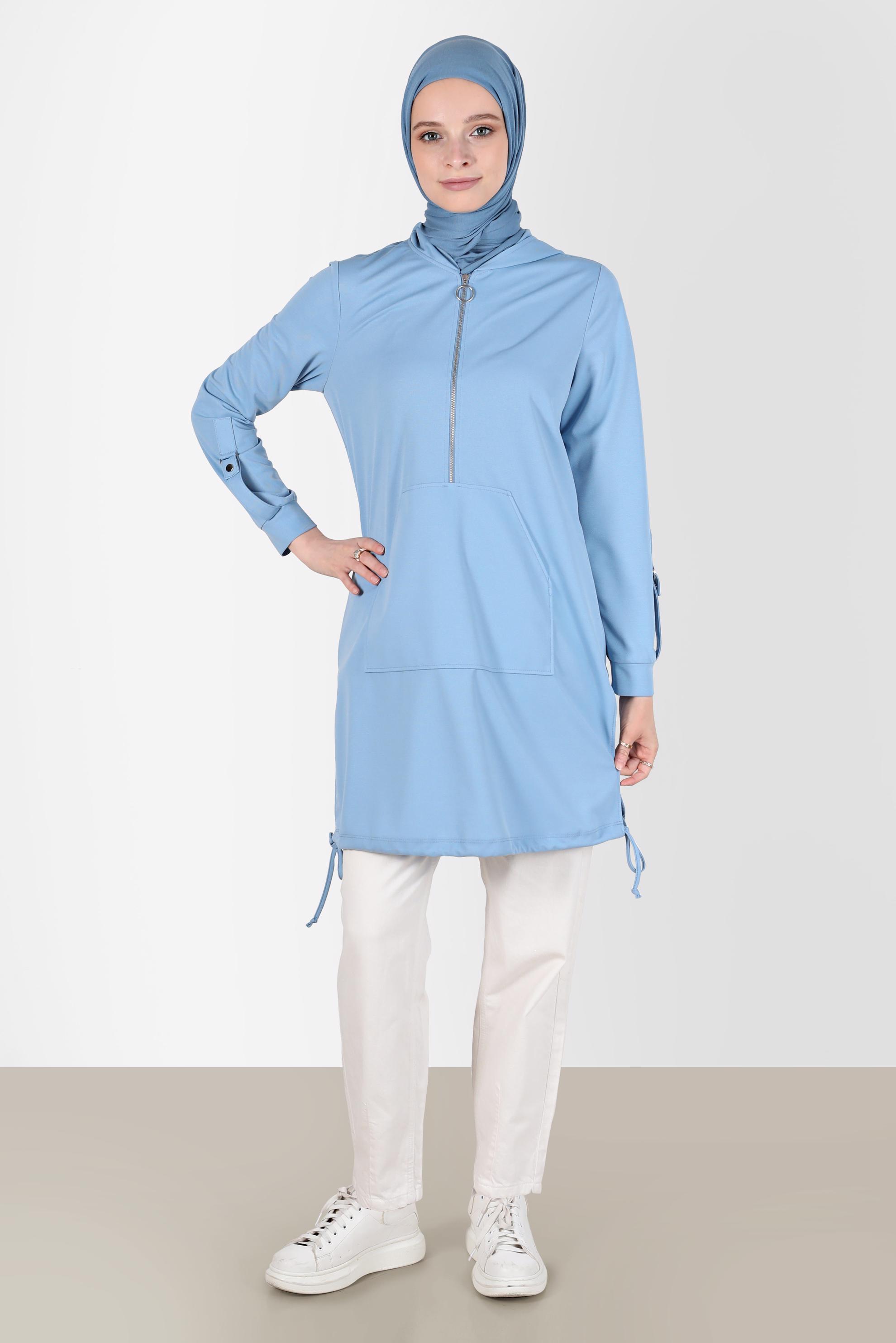 Tesettür giyim MAVİ KAPÜŞONLU EŞOFMAN TUNİK 42855