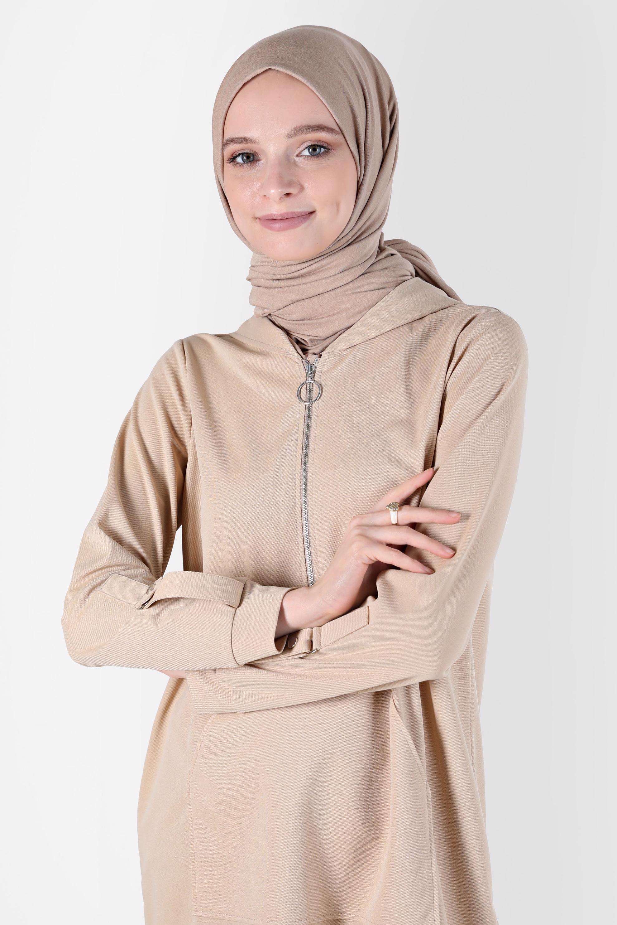 Tesettür giyim BEJ KAPÜŞONLU EŞOFMAN TUNİK 42855