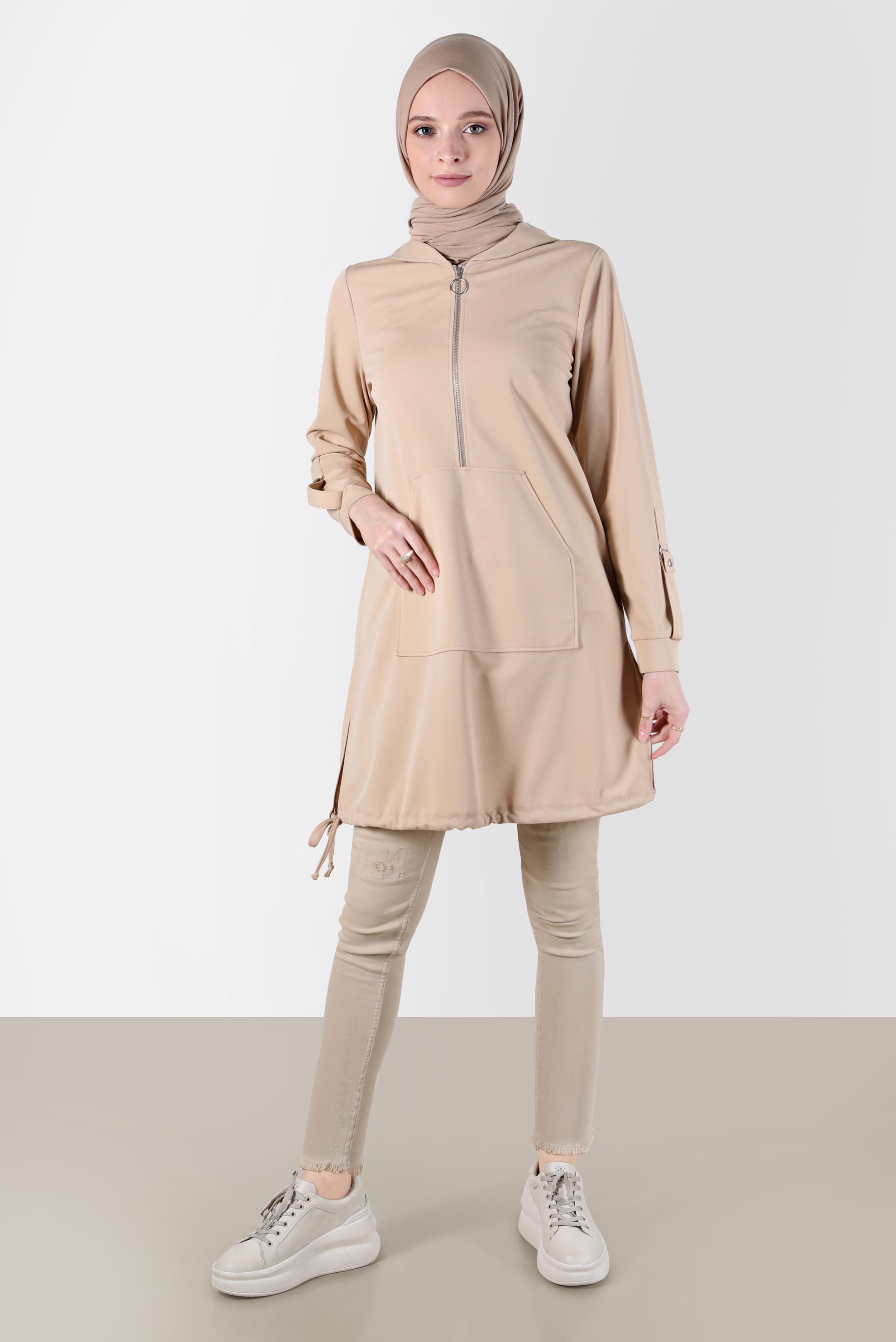 Tesettür giyim BEJ KAPÜŞONLU EŞOFMAN TUNİK 42855