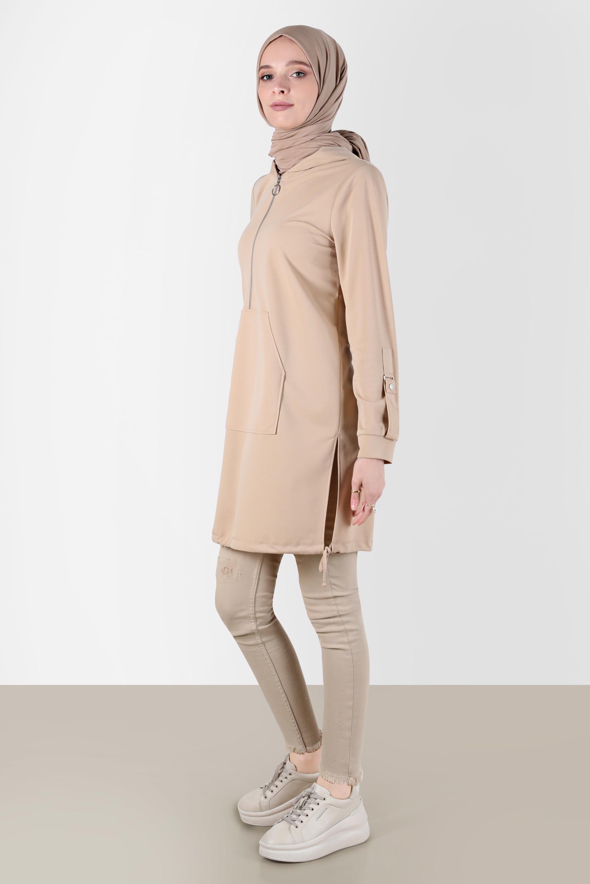Tesettür giyim BEJ KAPÜŞONLU EŞOFMAN TUNİK 42855
