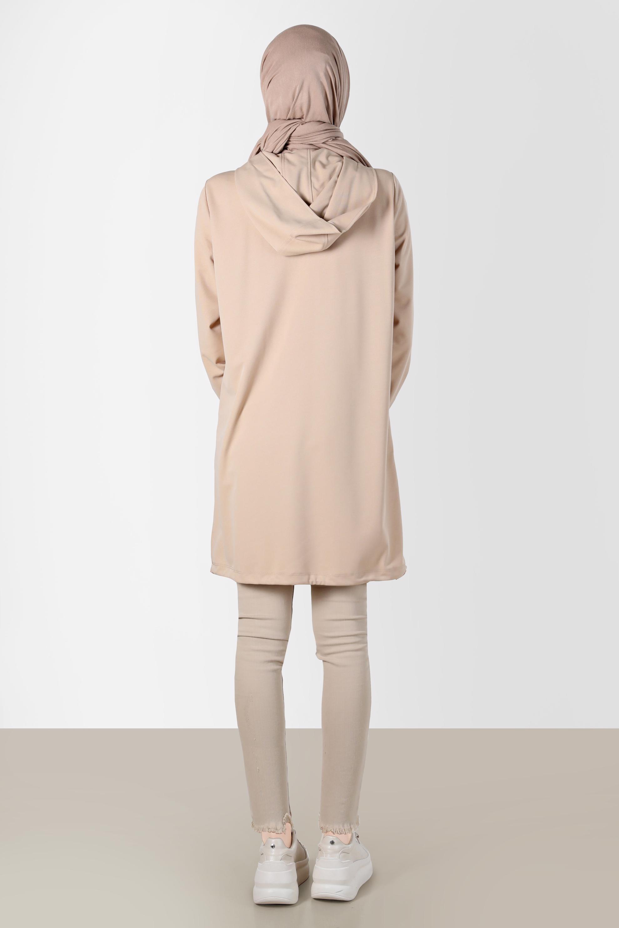 Tesettür giyim BEJ KAPÜŞONLU EŞOFMAN TUNİK 42855