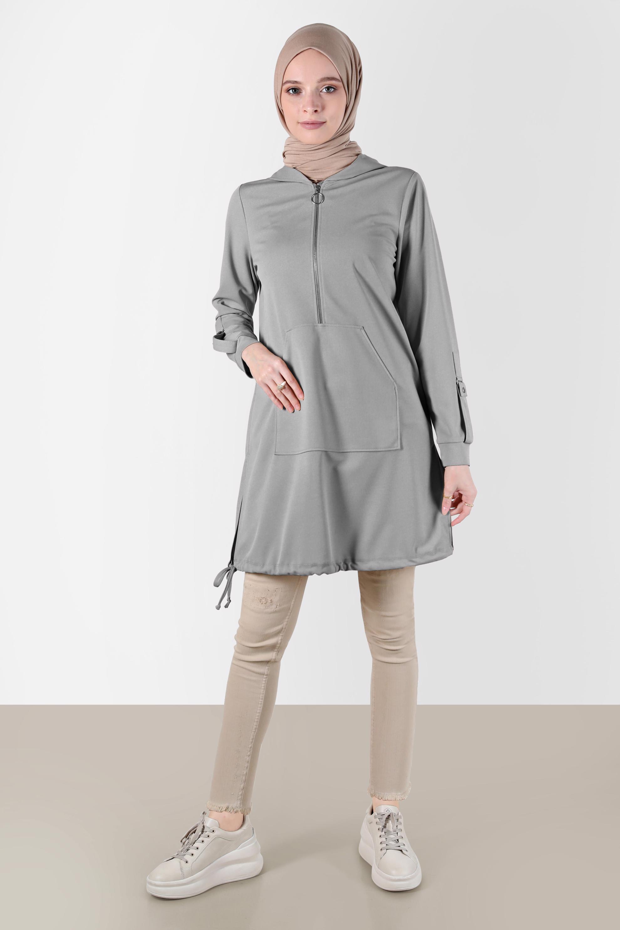 Tesettür giyim GRİ KAPÜŞONLU EŞOFMAN TUNİK 42855