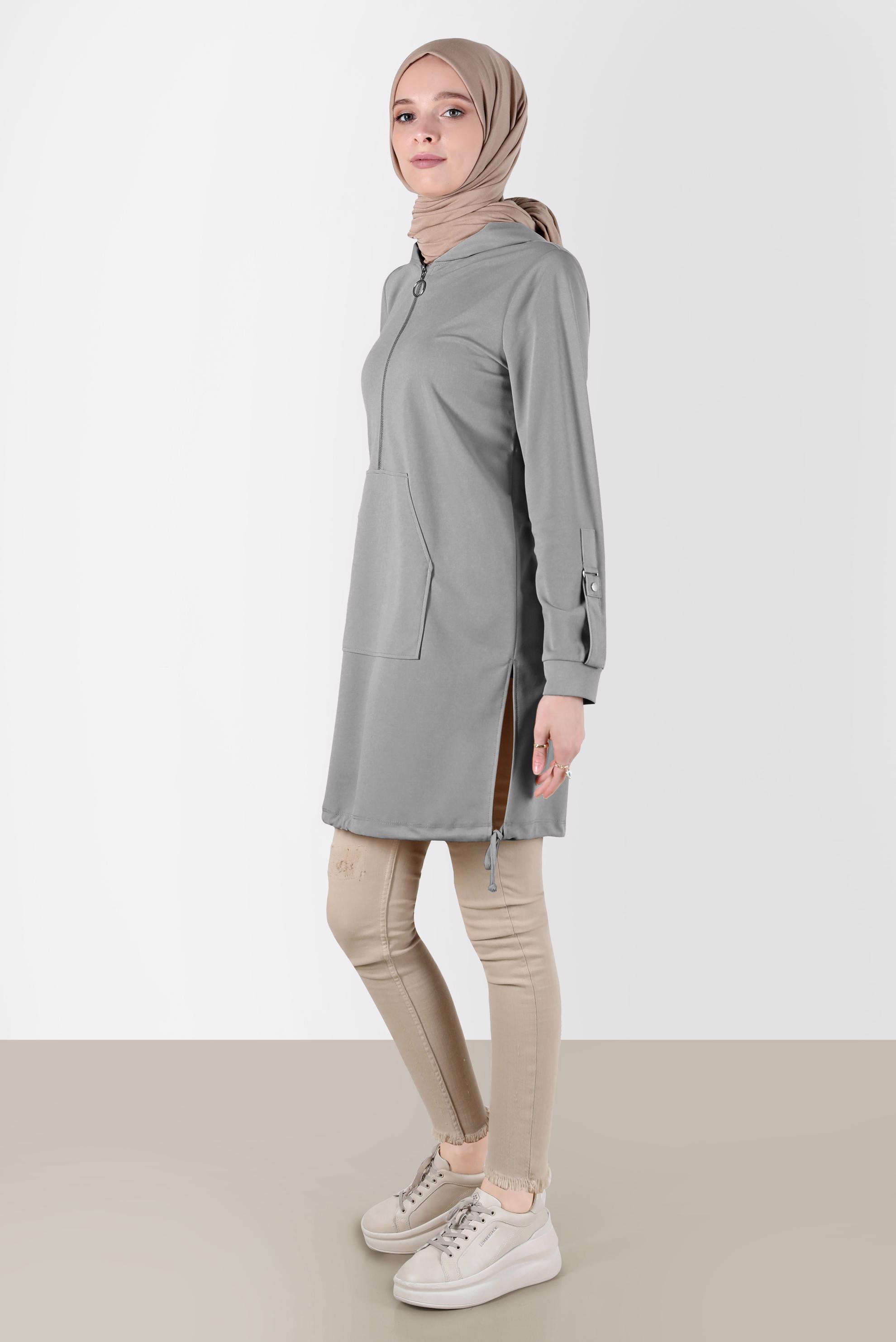 Tesettür giyim GRİ KAPÜŞONLU EŞOFMAN TUNİK 42855