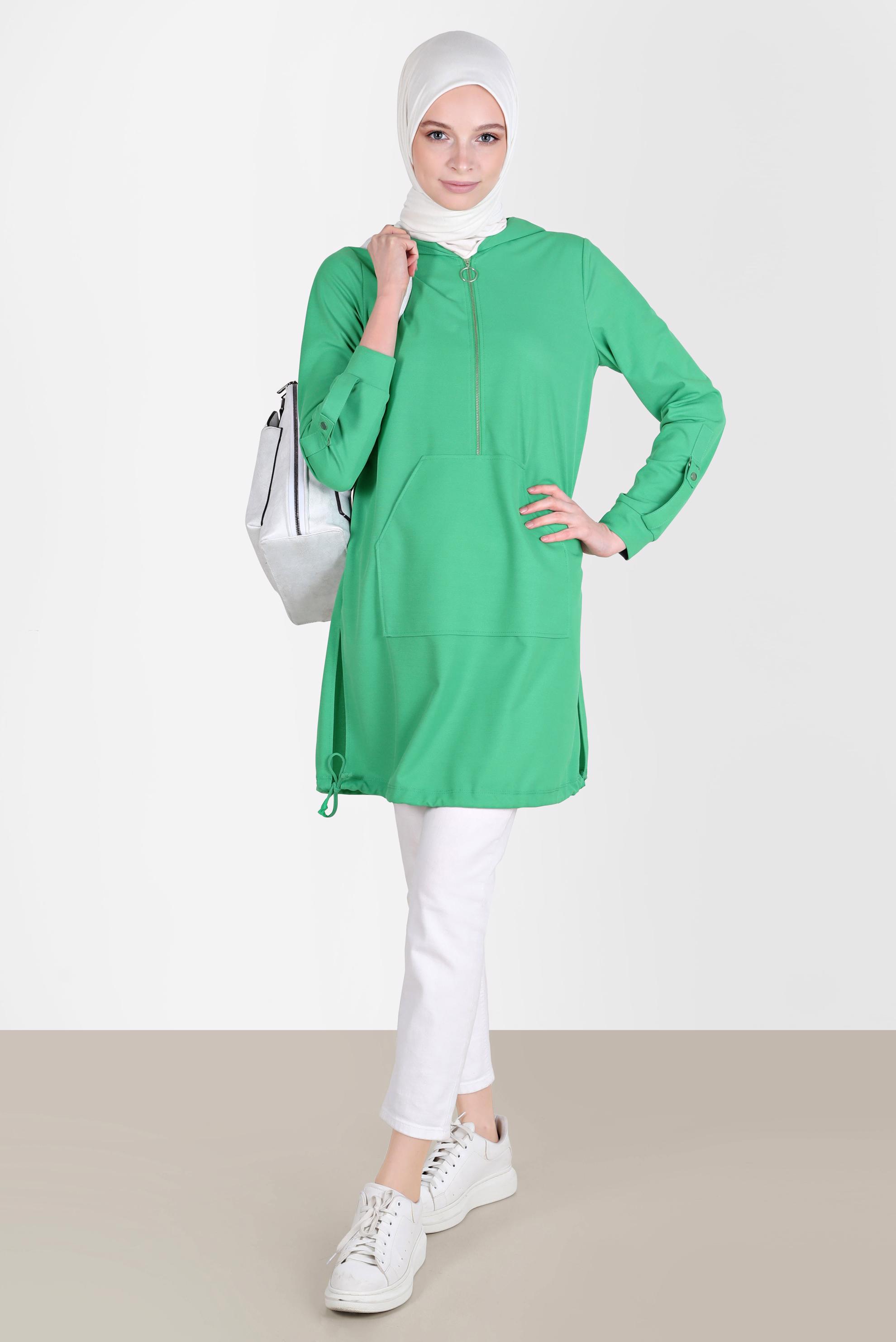 Tesettür giyim YEŞİL KAPÜŞONLU EŞOFMAN TUNİK 42855