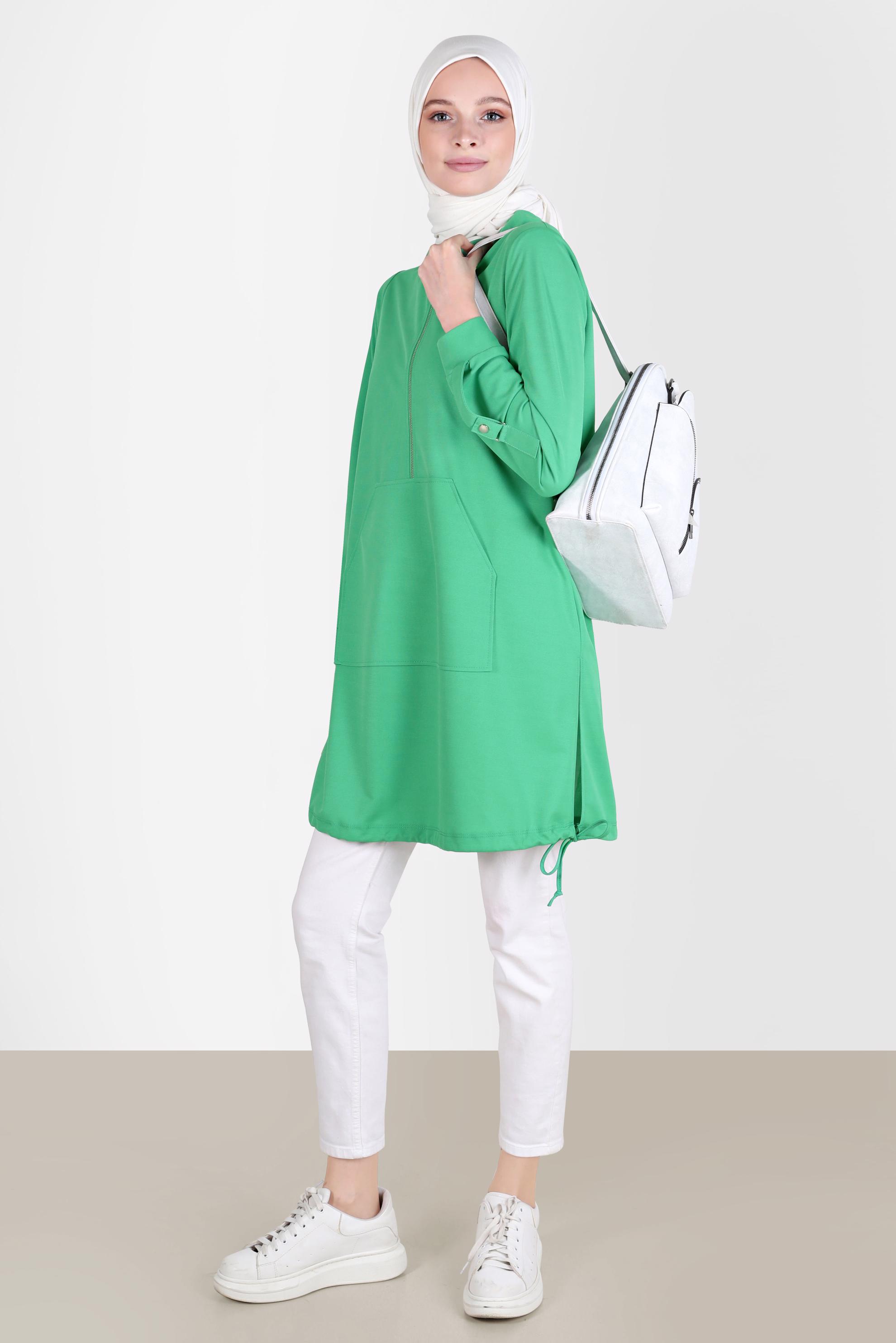 Tesettür giyim YEŞİL KAPÜŞONLU EŞOFMAN TUNİK 42855