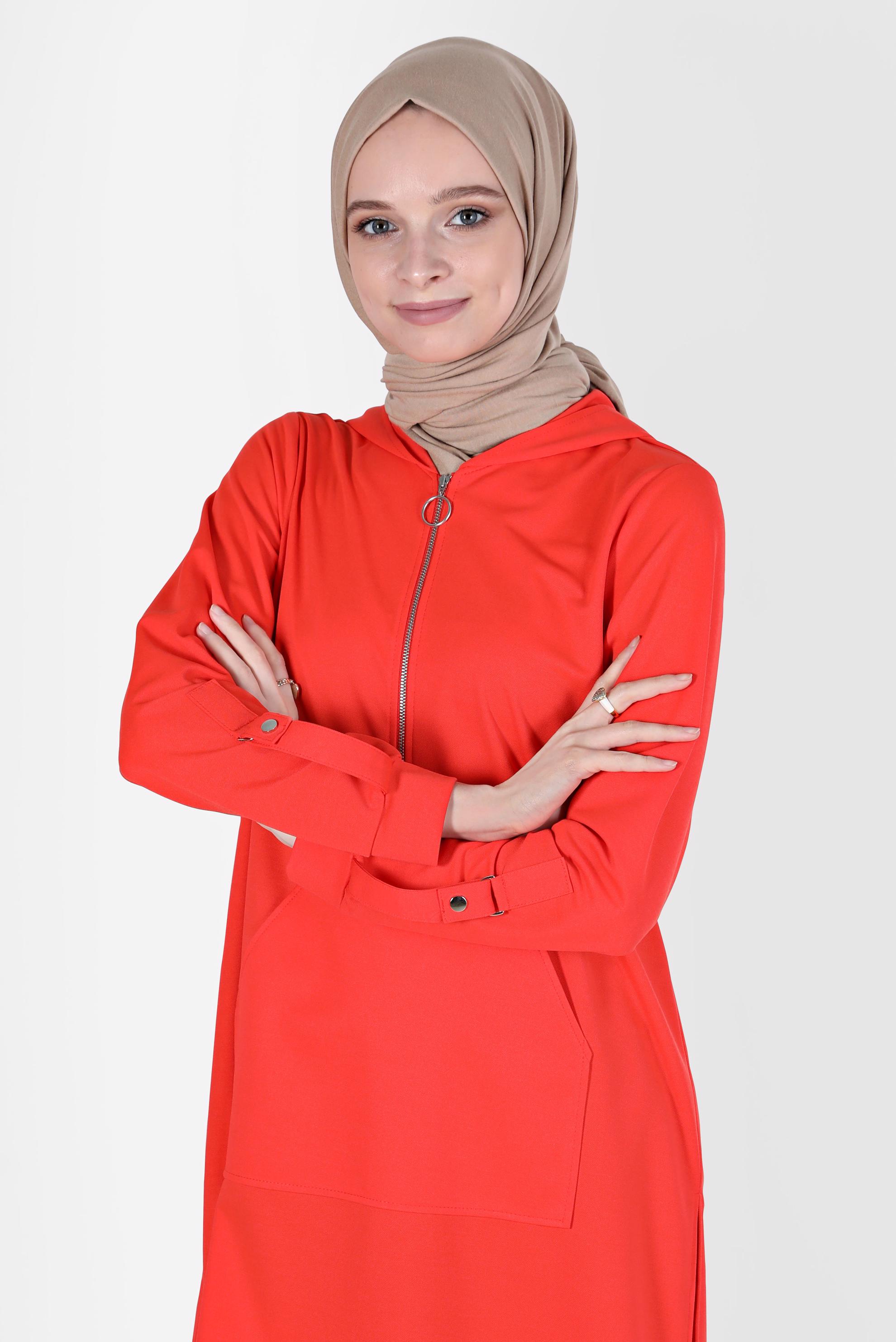 Tesettür giyim KIRMIZI KAPÜŞONLU EŞOFMAN TUNİK 42855