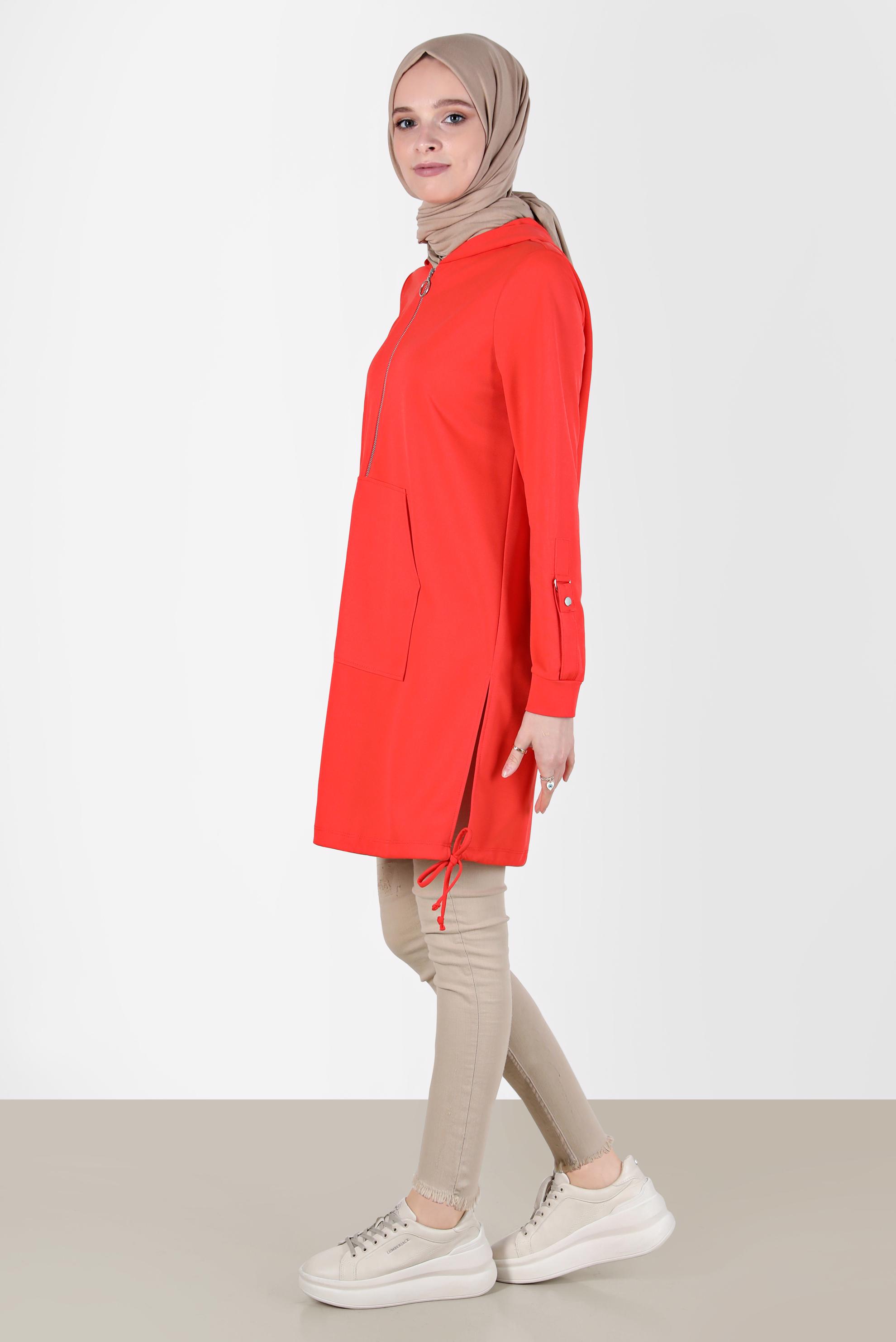 Tesettür giyim KIRMIZI KAPÜŞONLU EŞOFMAN TUNİK 42855