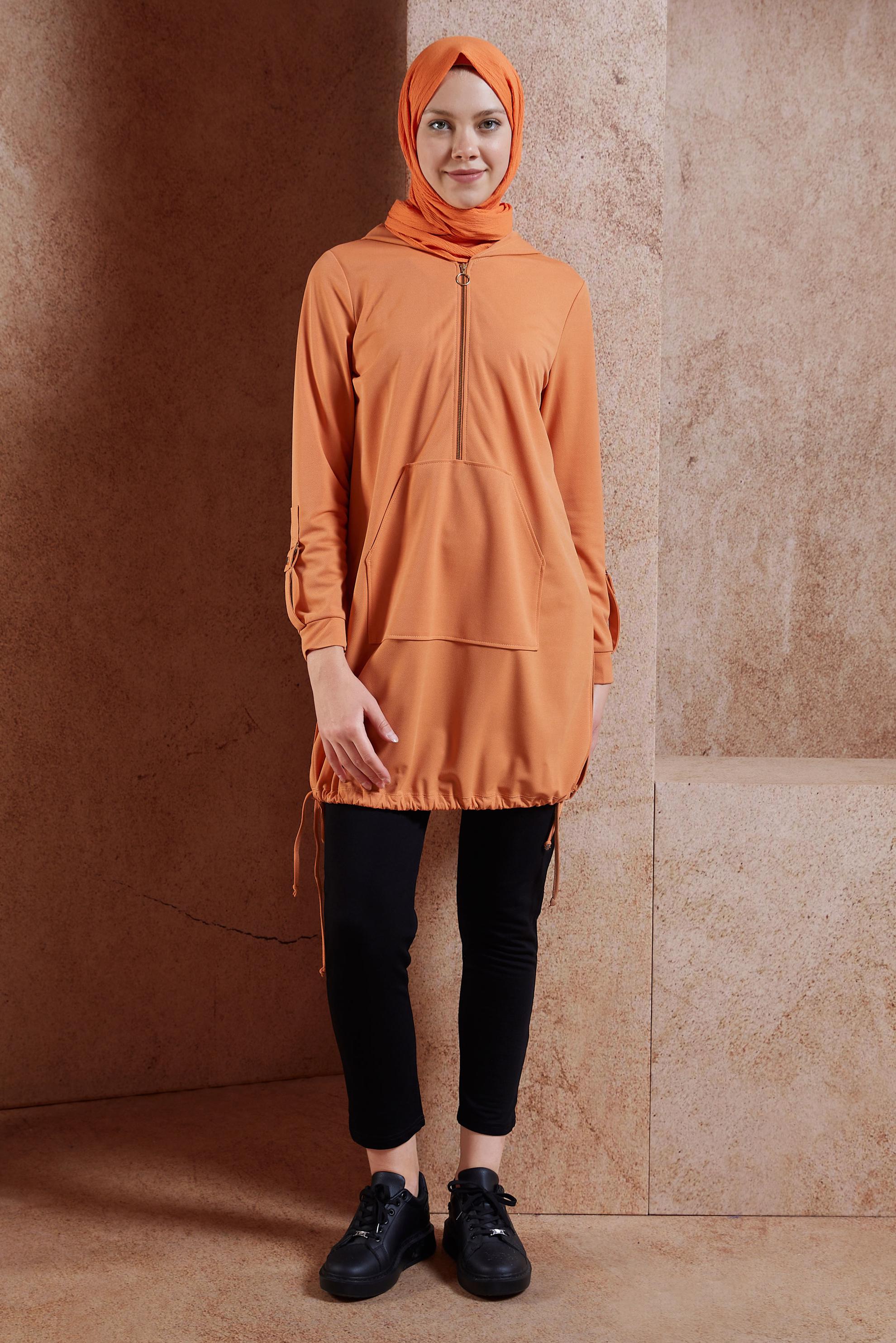 Tesettür giyim TURUNCU KAPÜŞONLU EŞOFMAN TUNİK 42855
