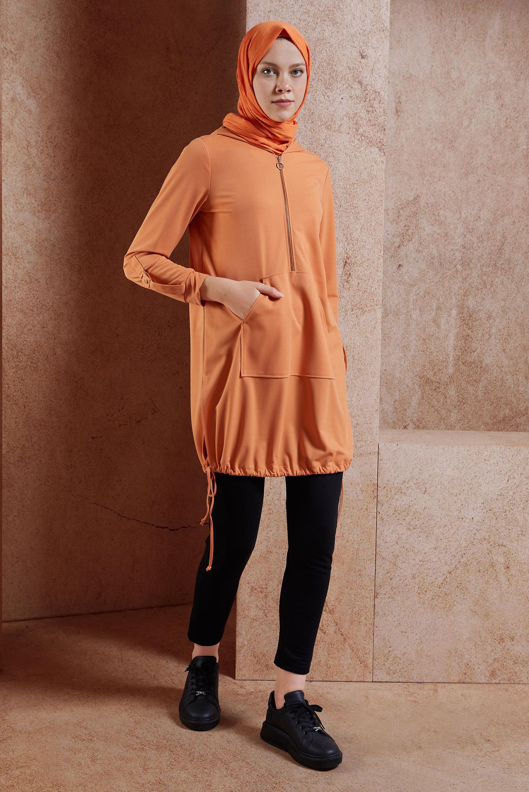 Tesettür giyim TURUNCU KAPÜŞONLU EŞOFMAN TUNİK 42855