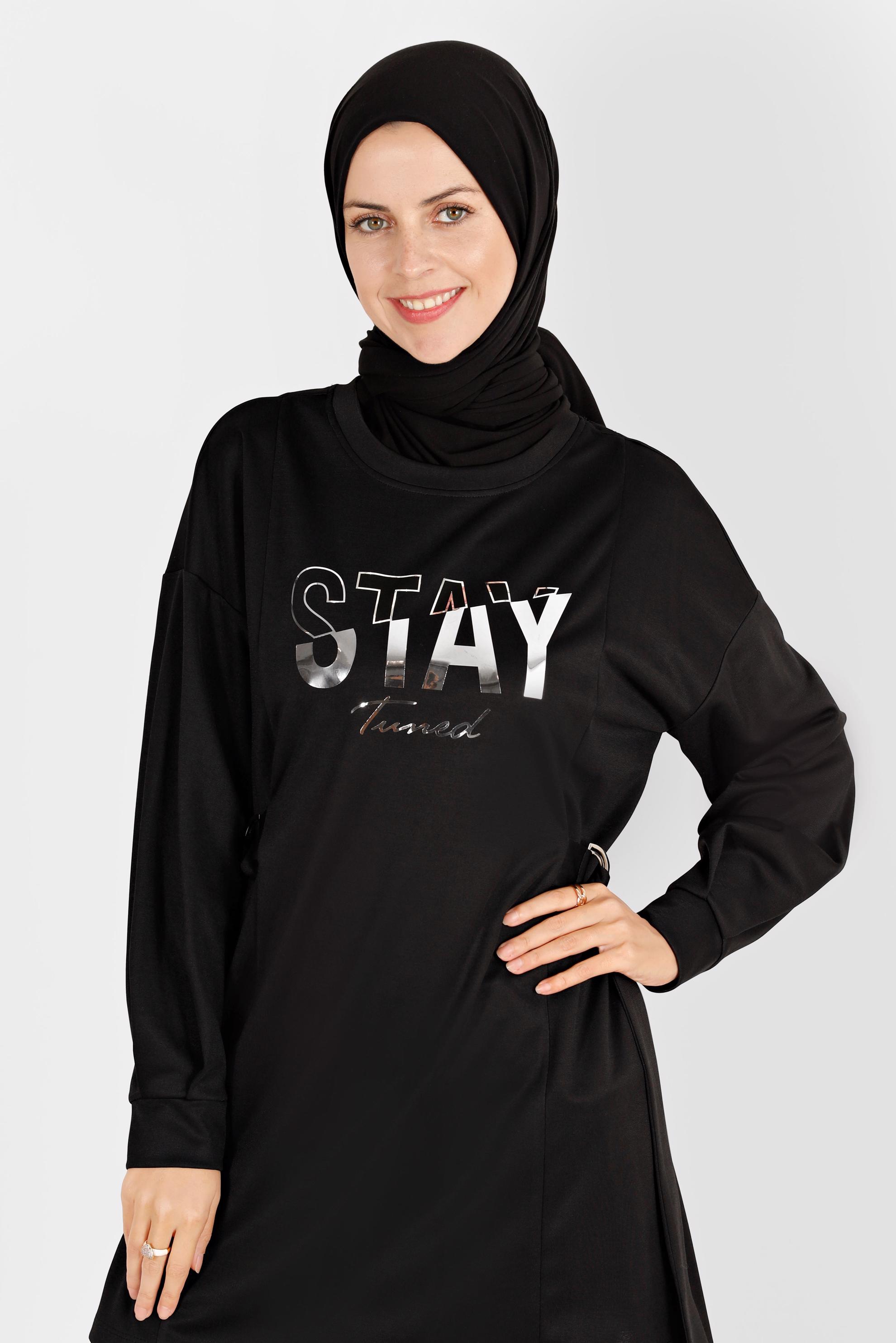 Tesettür giyim SİYAH BASKI DETAYLI EŞOFMAN TUNİK 42856 