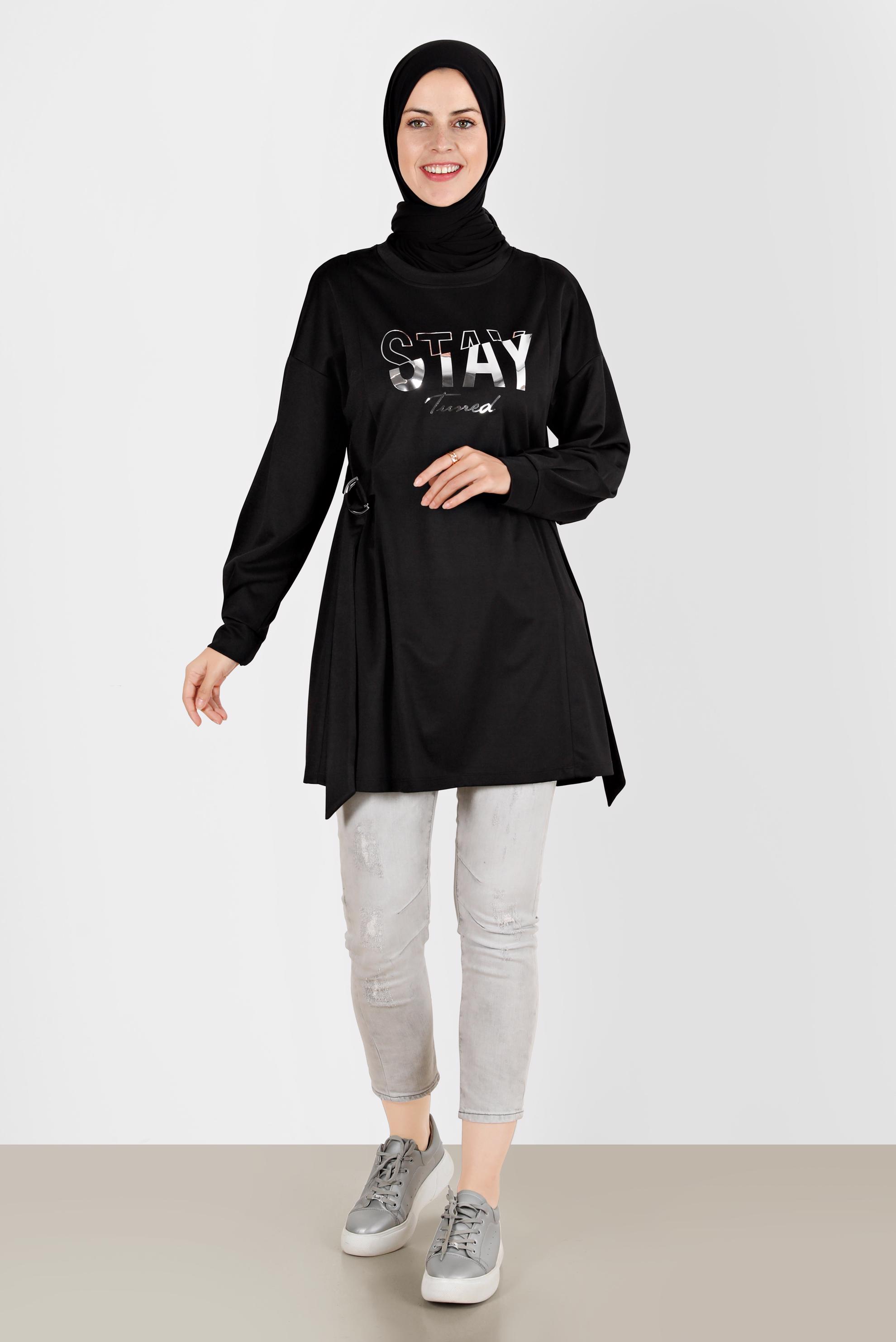 Tesettür giyim SİYAH BASKI DETAYLI EŞOFMAN TUNİK 42856 