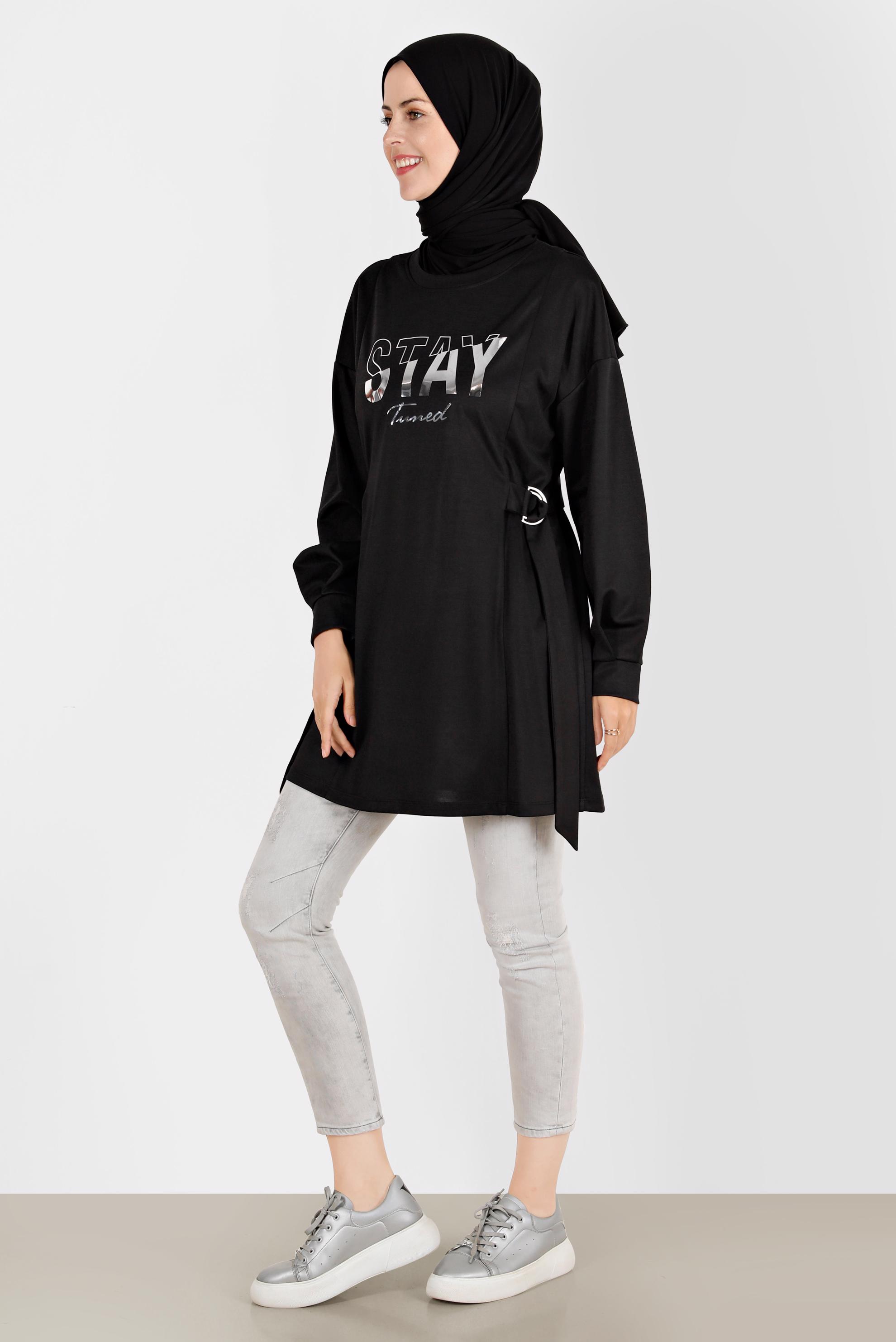 Tesettür giyim SİYAH BASKI DETAYLI EŞOFMAN TUNİK 42856 