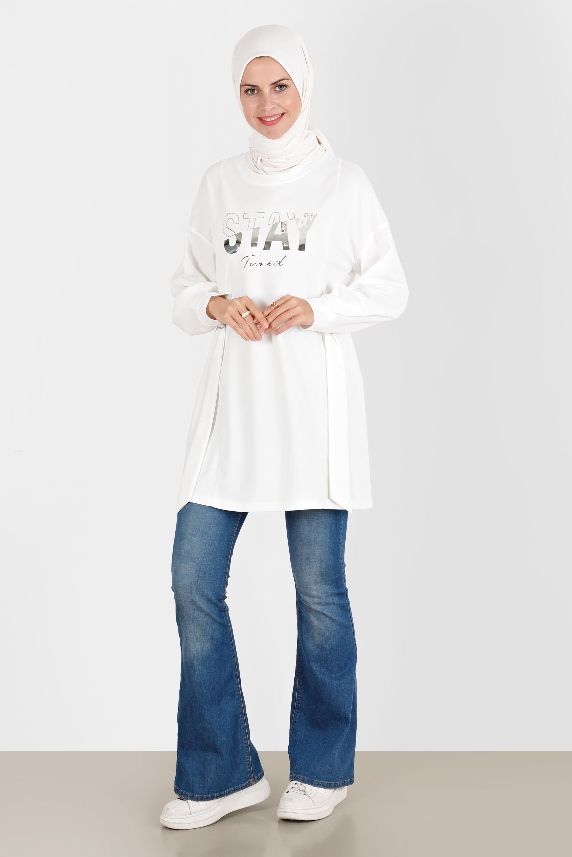 Tesettür giyim BEYAZ BASKI DETAYLI EŞOFMAN TUNİK 42856 