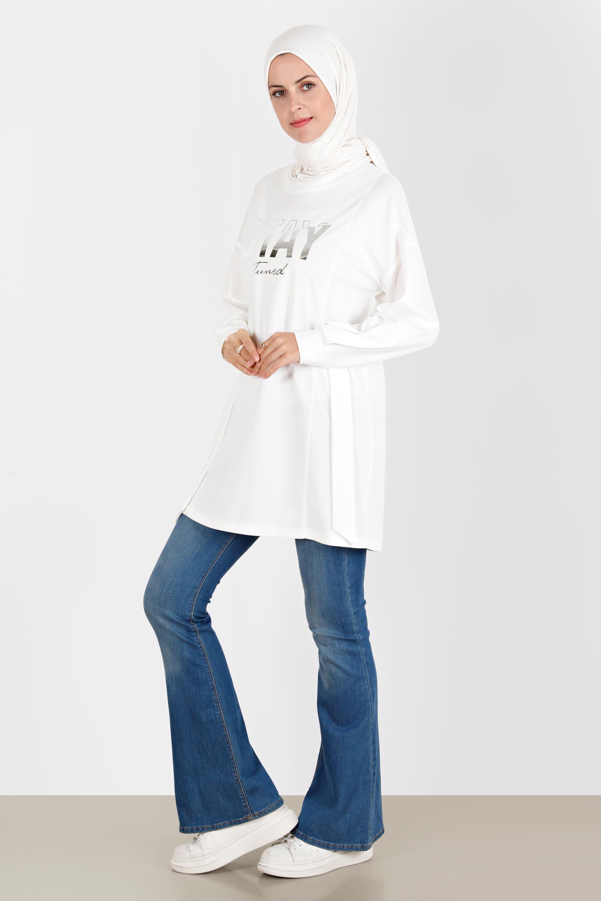 Tesettür giyim BEYAZ BASKI DETAYLI EŞOFMAN TUNİK 42856 