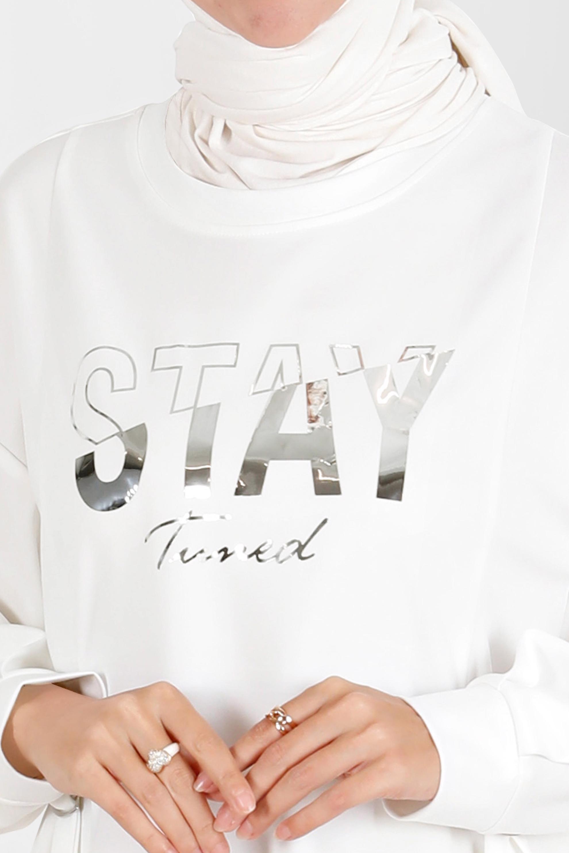 Tesettür giyim BEYAZ BASKI DETAYLI EŞOFMAN TUNİK 42856 