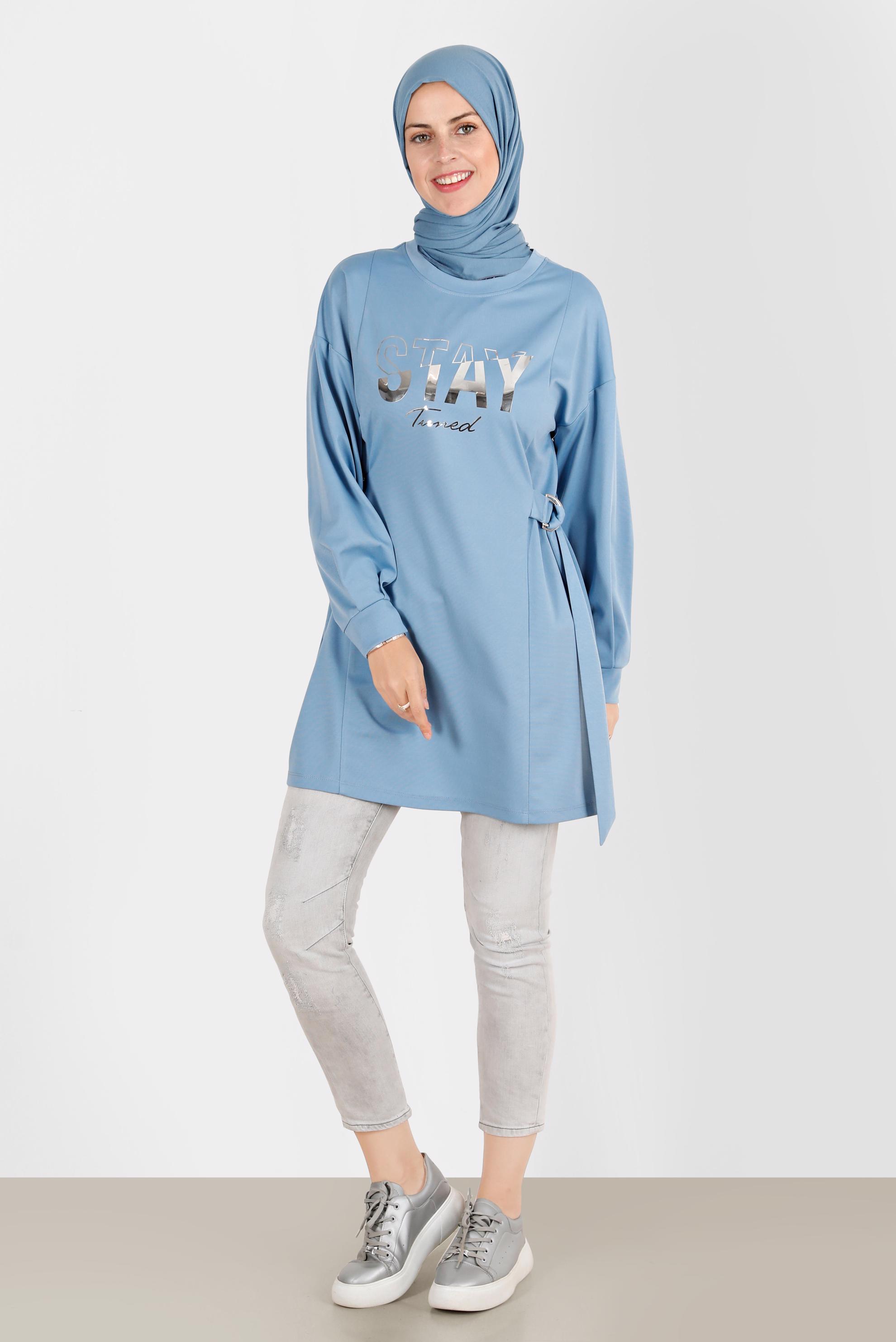 Tesettür giyim MAVİ BASKI DETAYLI EŞOFMAN TUNİK 42856 