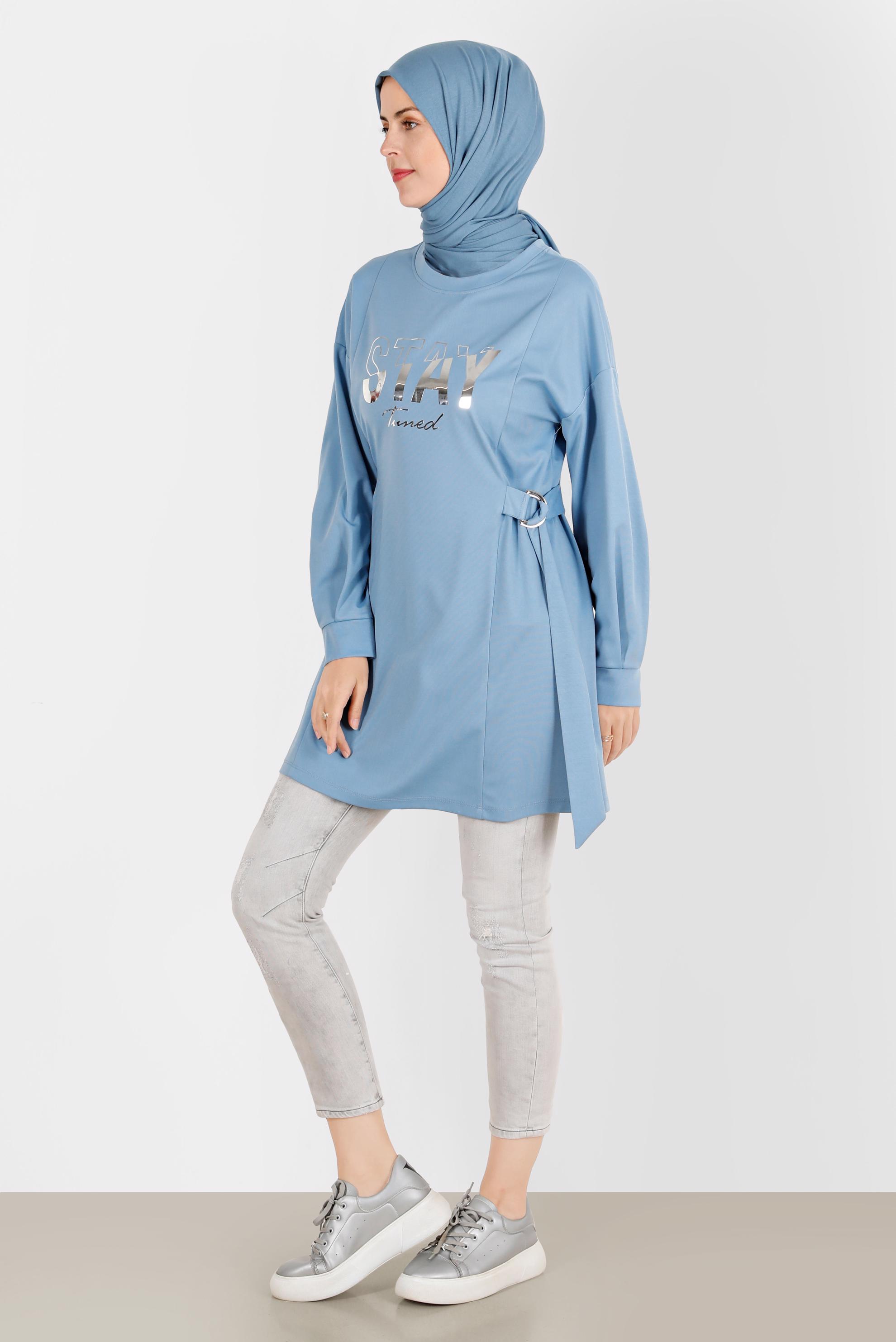 Tesettür giyim MAVİ BASKI DETAYLI EŞOFMAN TUNİK 42856 