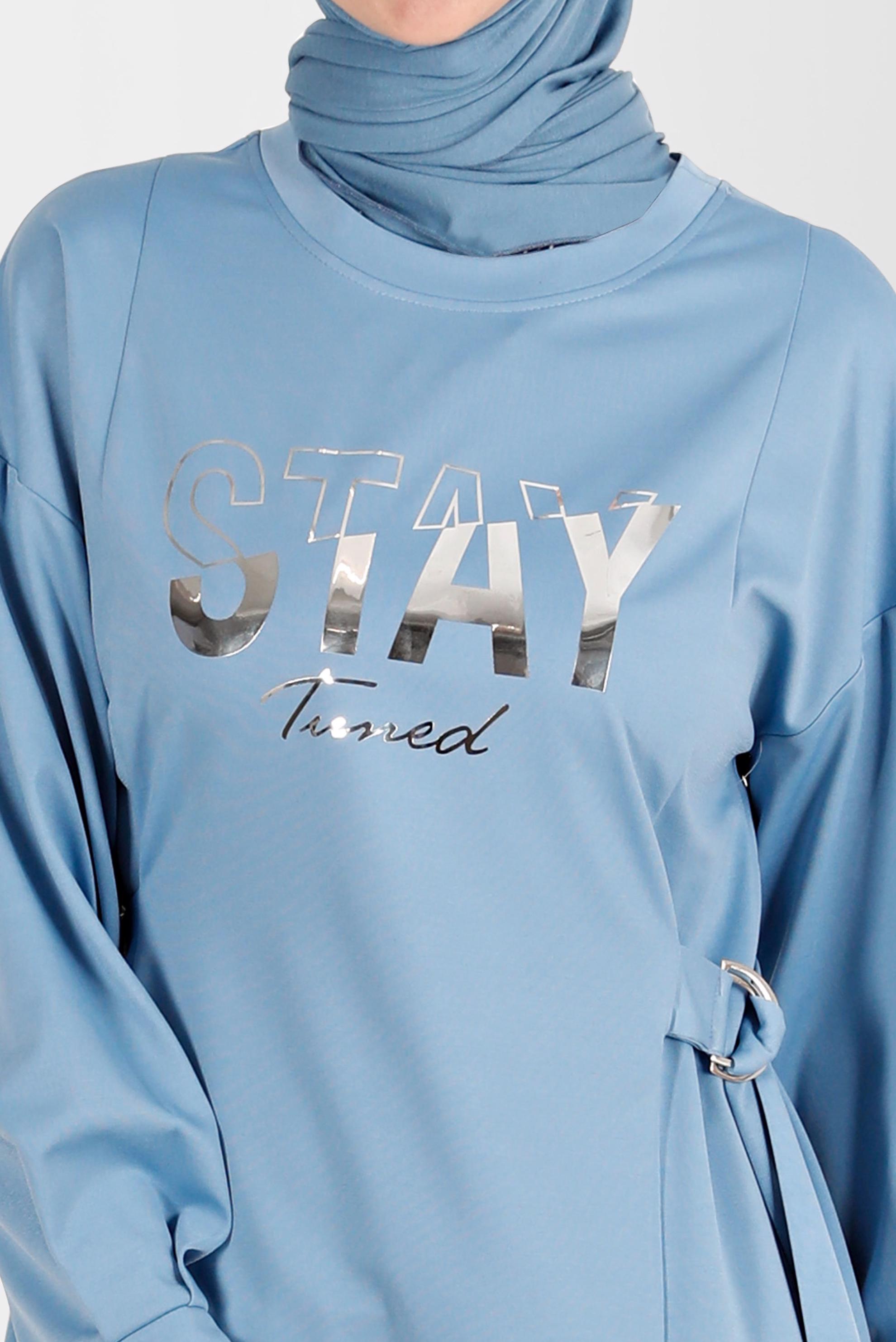 Tesettür giyim MAVİ BASKI DETAYLI EŞOFMAN TUNİK 42856 