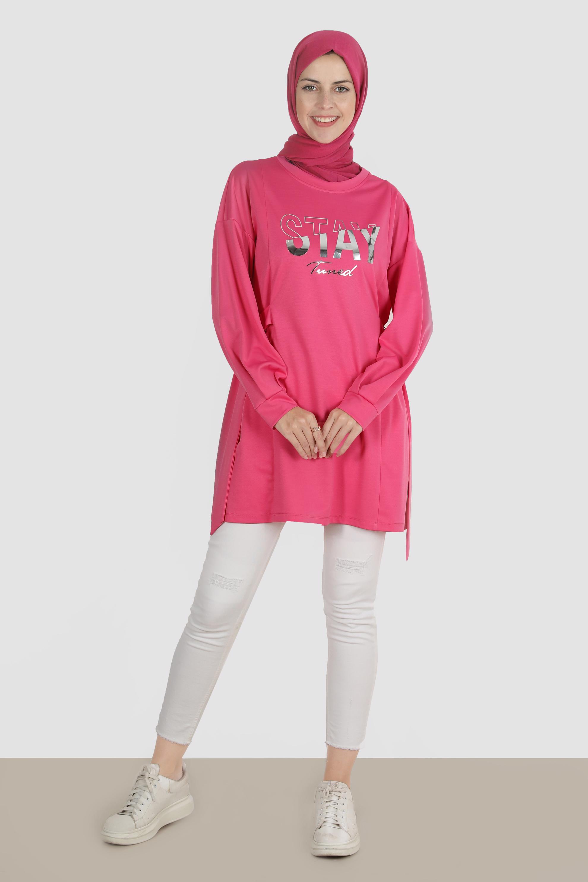 Tesettür giyim FUŞYA BASKI DETAYLI EŞOFMAN TUNİK 42856 