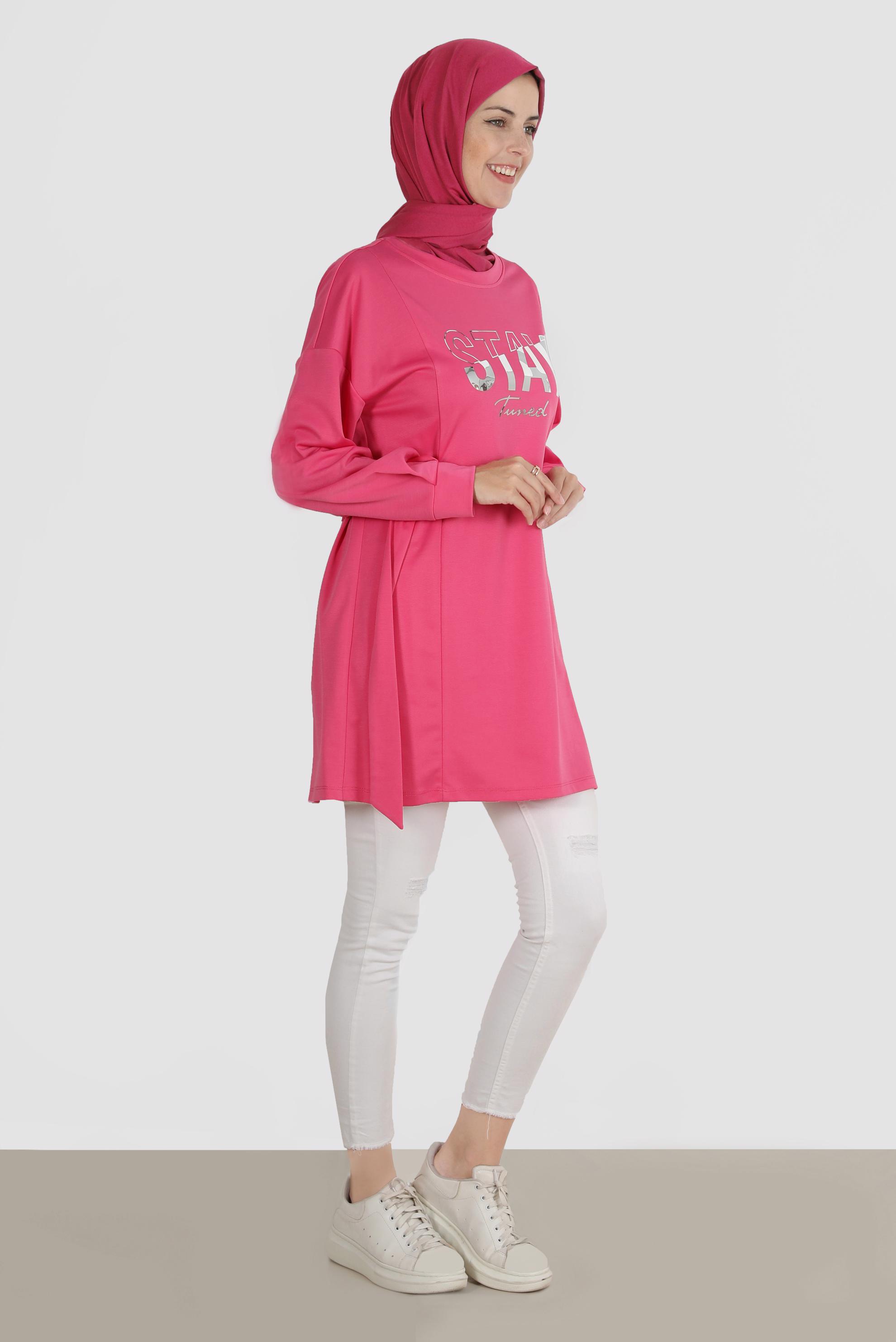 Tesettür giyim FUŞYA BASKI DETAYLI EŞOFMAN TUNİK 42856 
