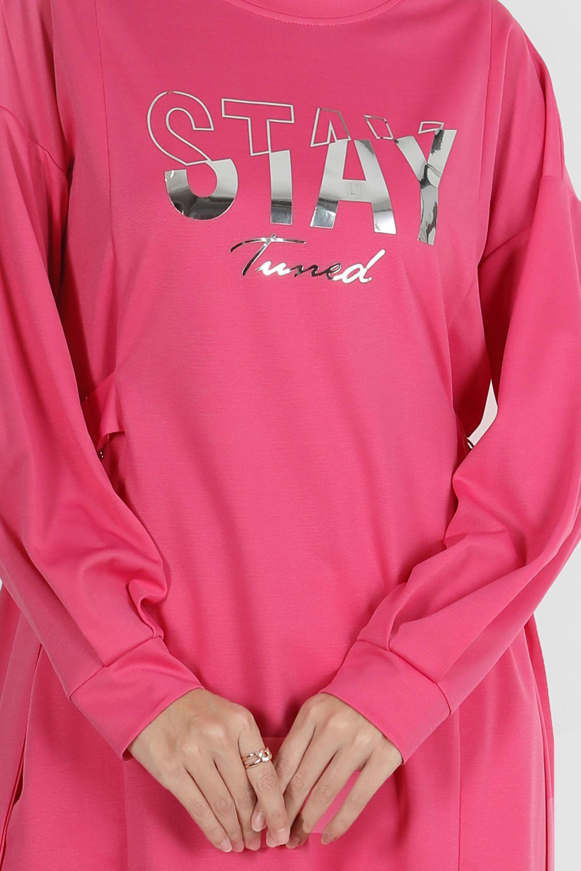 Tesettür giyim FUŞYA BASKI DETAYLI EŞOFMAN TUNİK 42856 