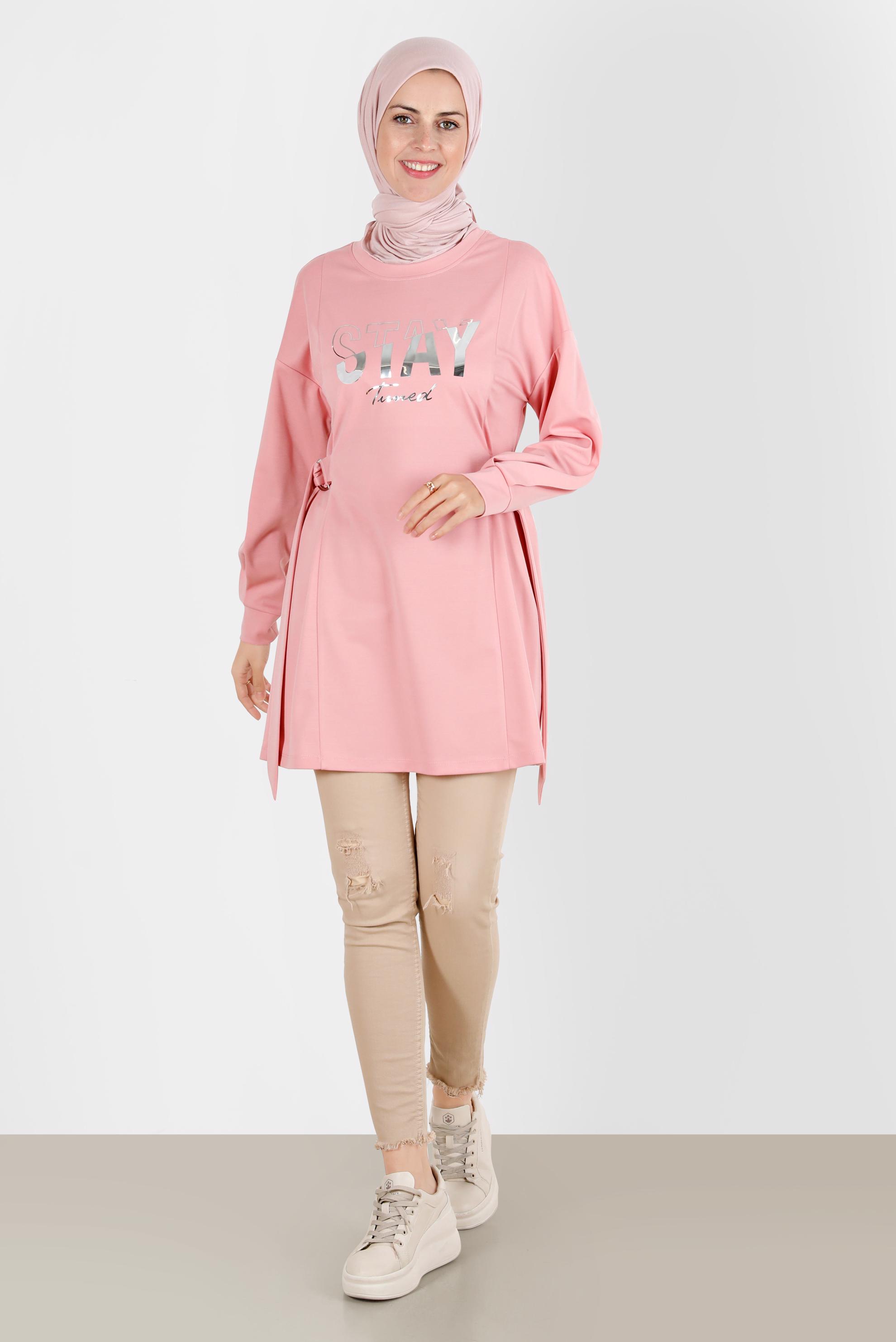 Tesettür giyim PUDRA BASKI DETAYLI EŞOFMAN TUNİK 42856 