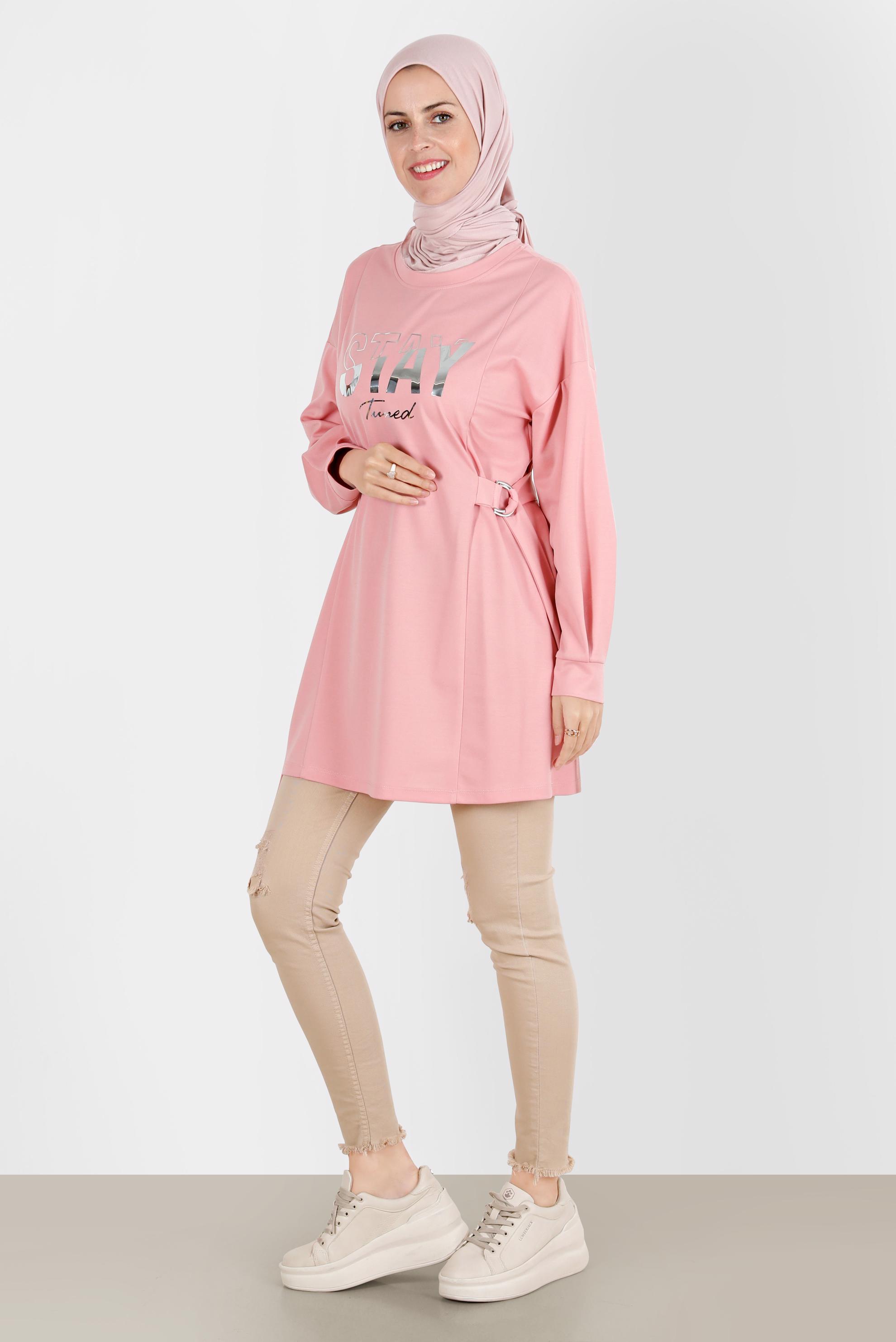 Tesettür giyim PUDRA BASKI DETAYLI EŞOFMAN TUNİK 42856 
