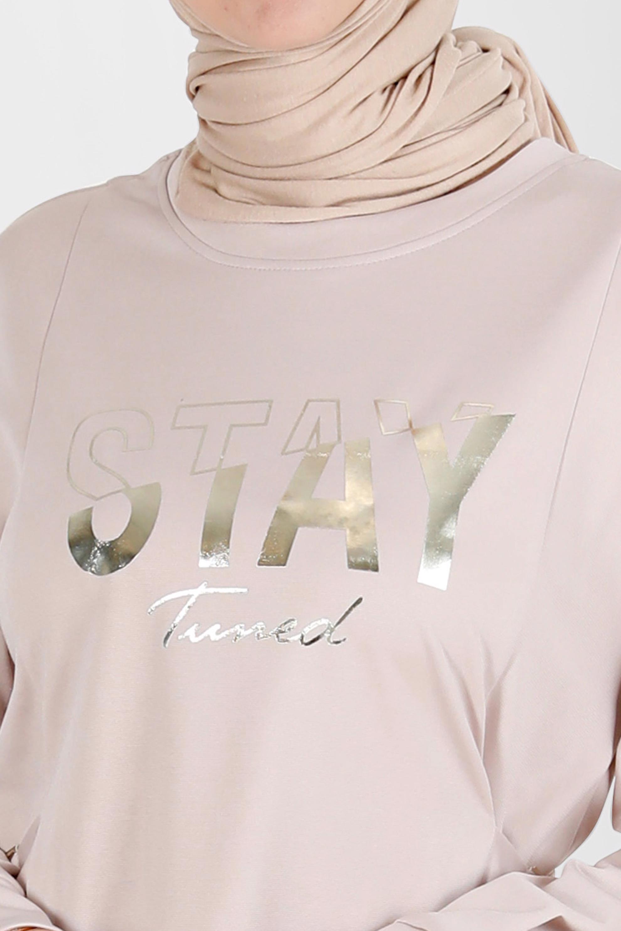 Tesettür giyim BEJ BASKI DETAYLI EŞOFMAN TUNİK 42856 