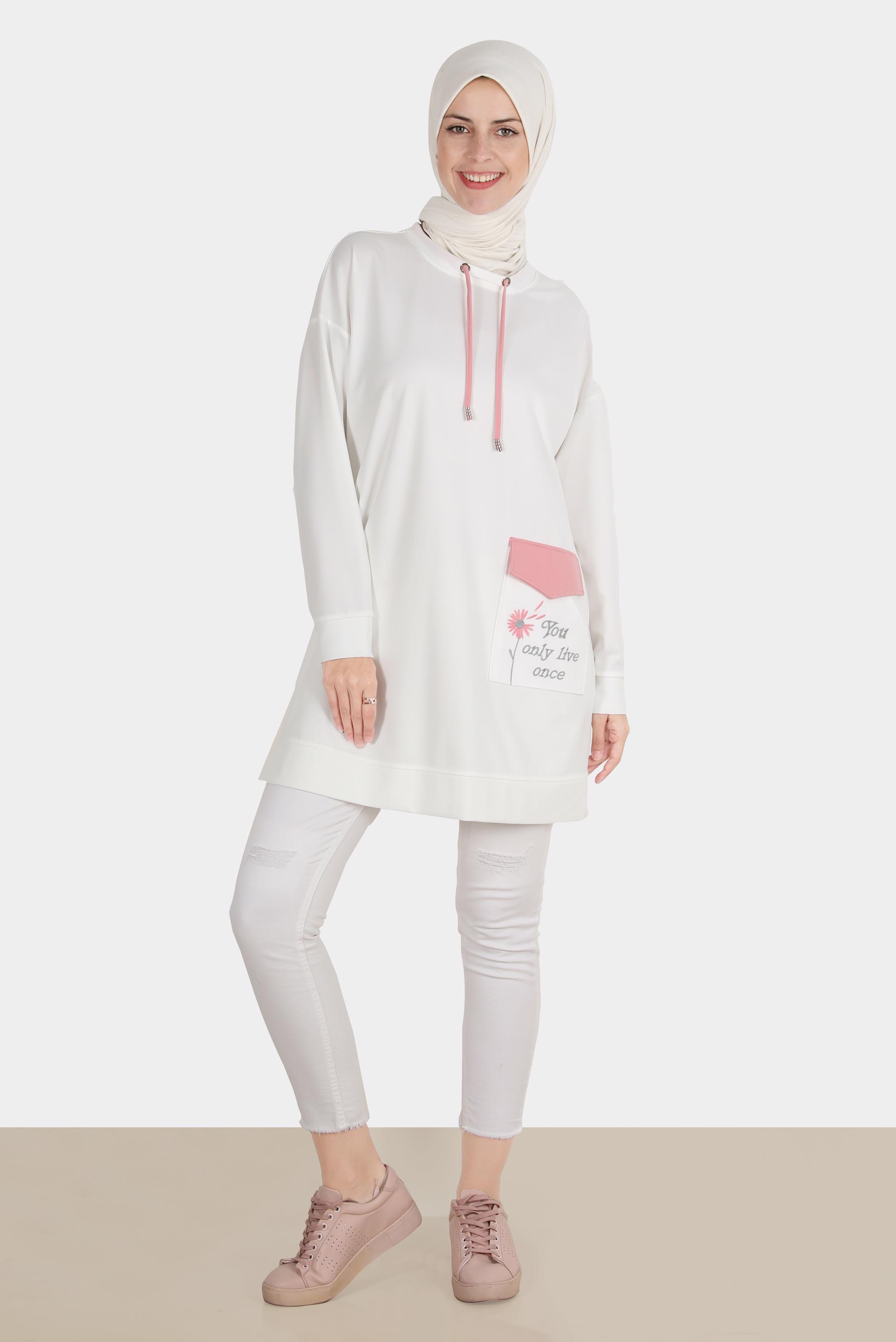 Tesettür giyim BEYAZ NAKIŞLI CEPLİ EŞOFMAN TUNİK 42858	