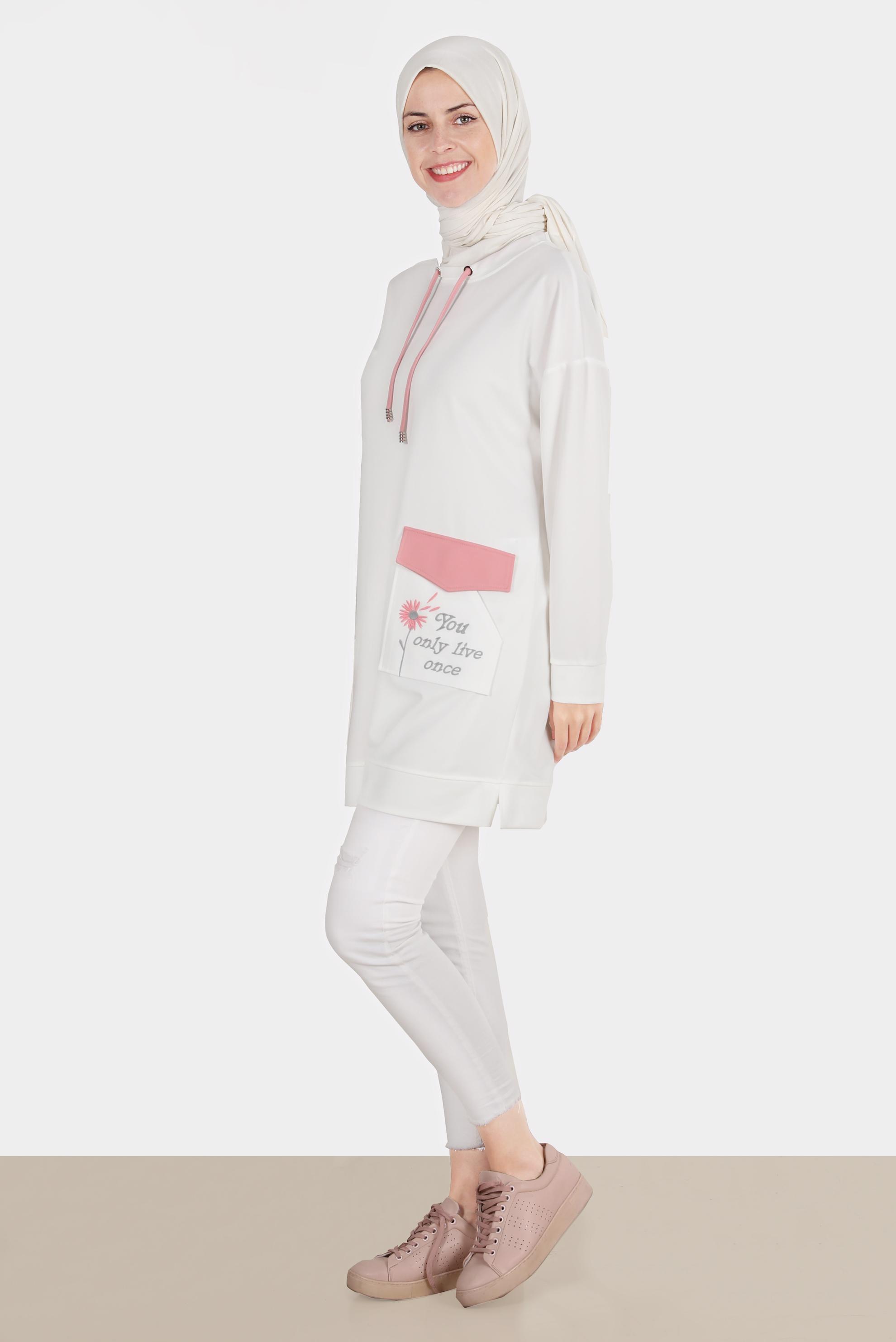 Tesettür giyim BEYAZ NAKIŞLI CEPLİ EŞOFMAN TUNİK 42858	