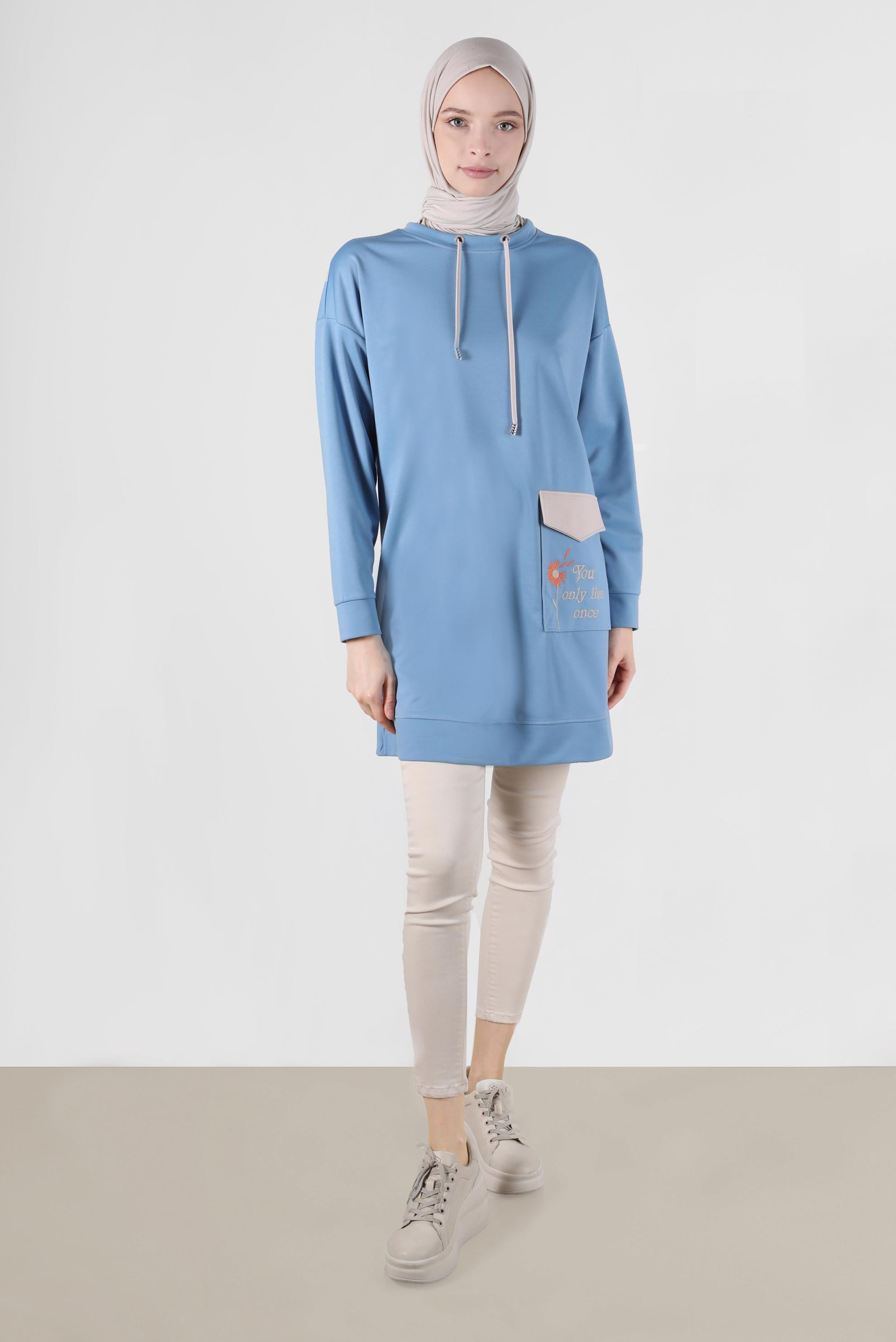 Tesettür giyim MAVİ NAKIŞLI CEPLİ EŞOFMAN TUNİK 42858	