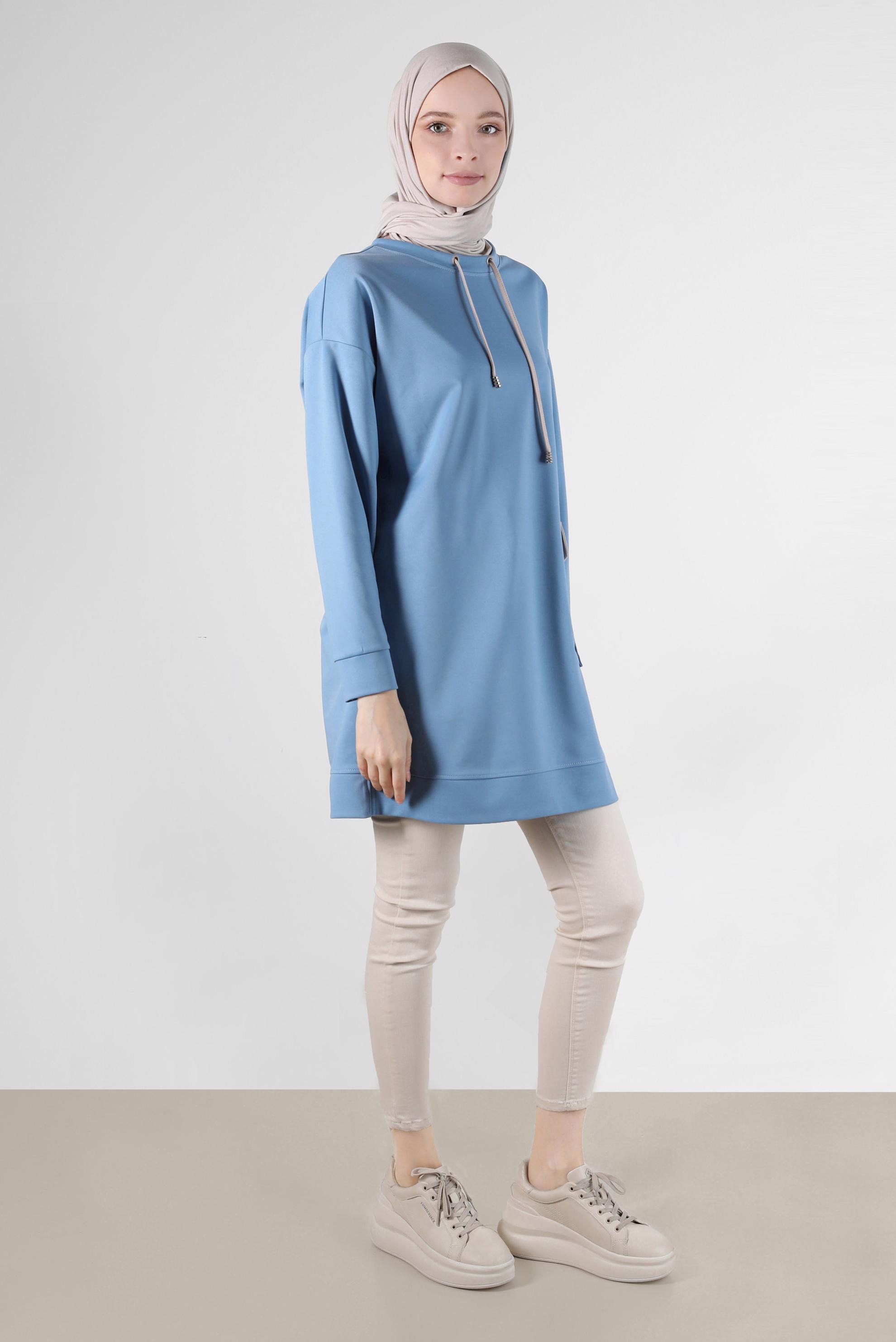 Tesettür giyim MAVİ NAKIŞLI CEPLİ EŞOFMAN TUNİK 42858	