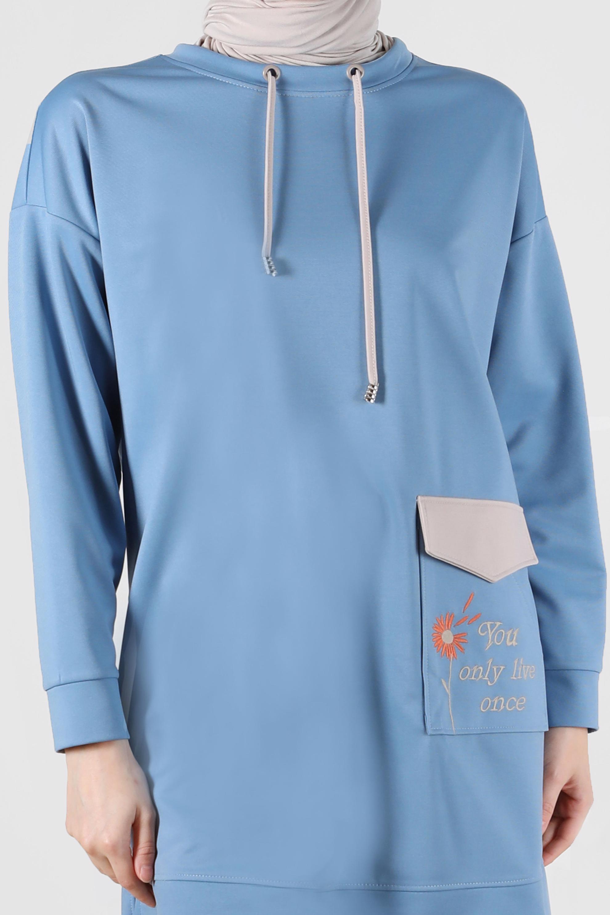 Tesettür giyim MAVİ NAKIŞLI CEPLİ EŞOFMAN TUNİK 42858	