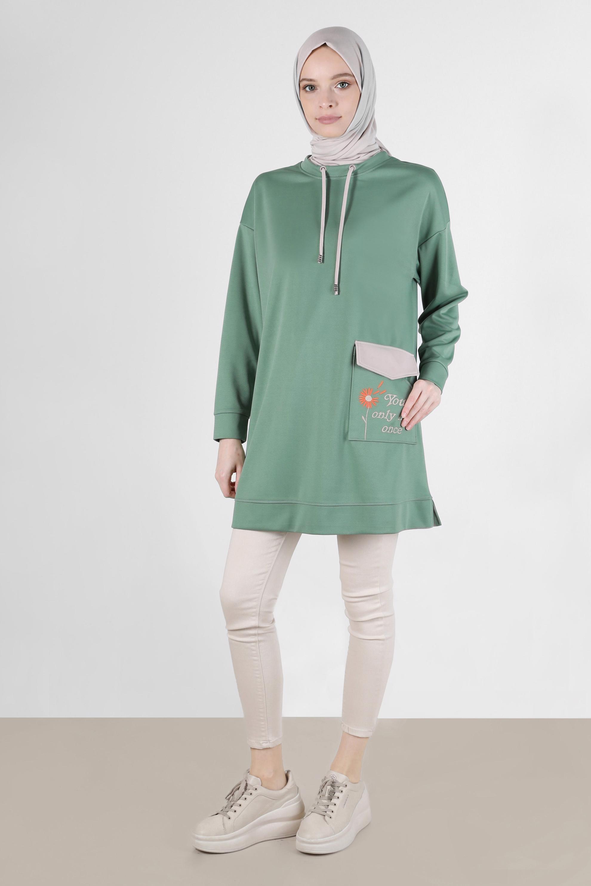 Tesettür giyim YEŞİL NAKIŞLI CEPLİ EŞOFMAN TUNİK 42858	