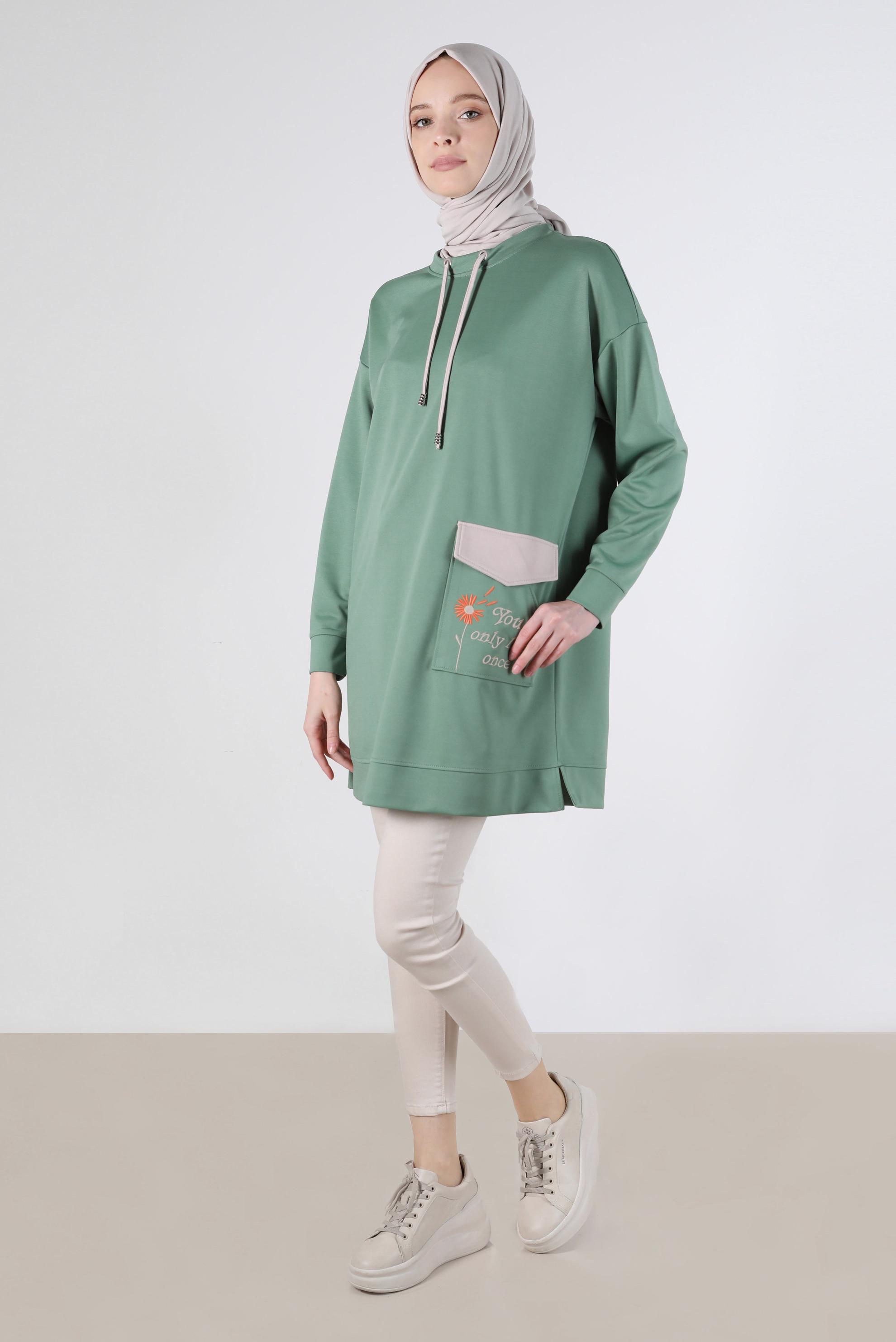 Tesettür giyim YEŞİL NAKIŞLI CEPLİ EŞOFMAN TUNİK 42858	