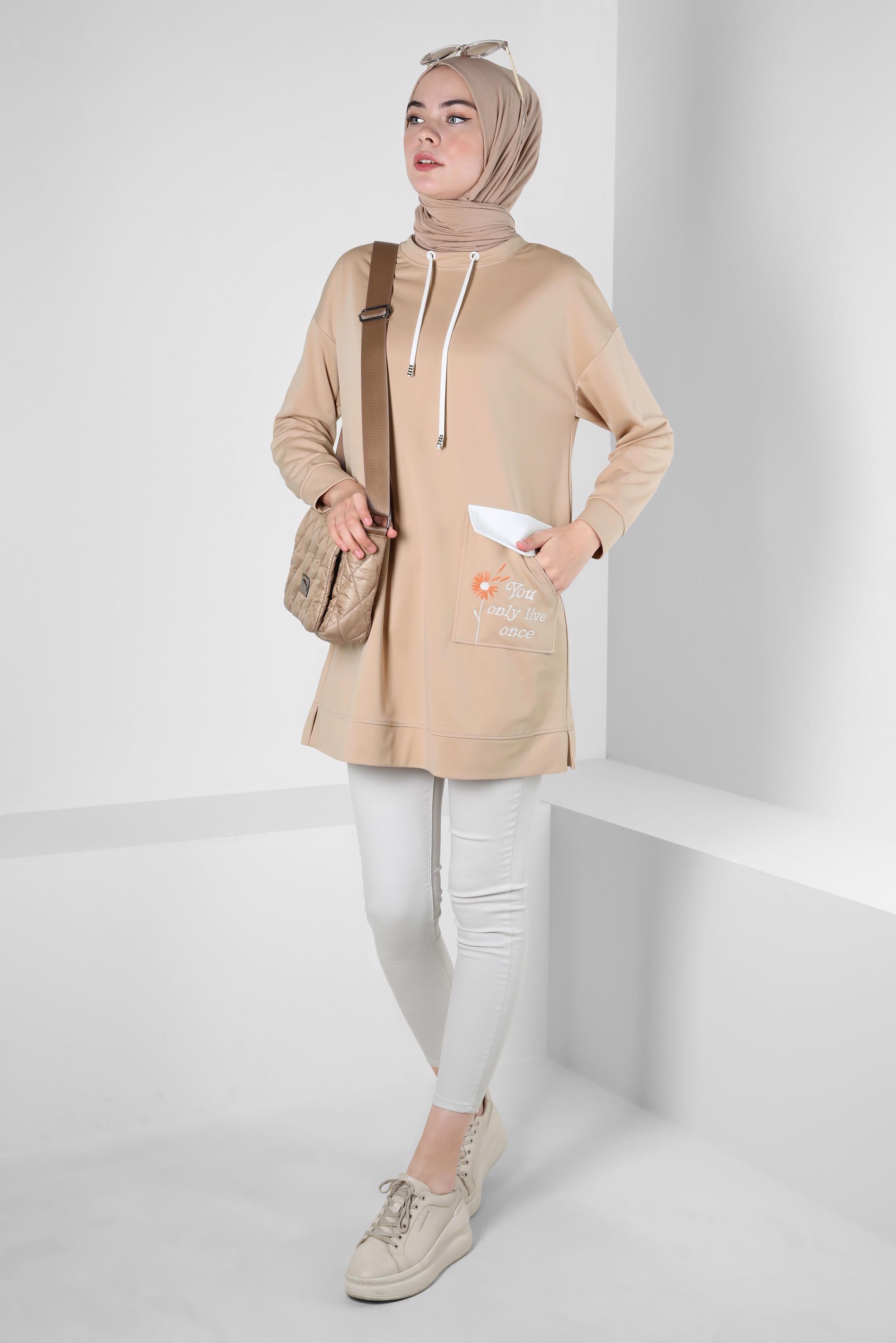 Vêtements hijab BEIGE TUNIQUE DE SURVÊTEMENT BRODÉE AVEC POCHE 42858