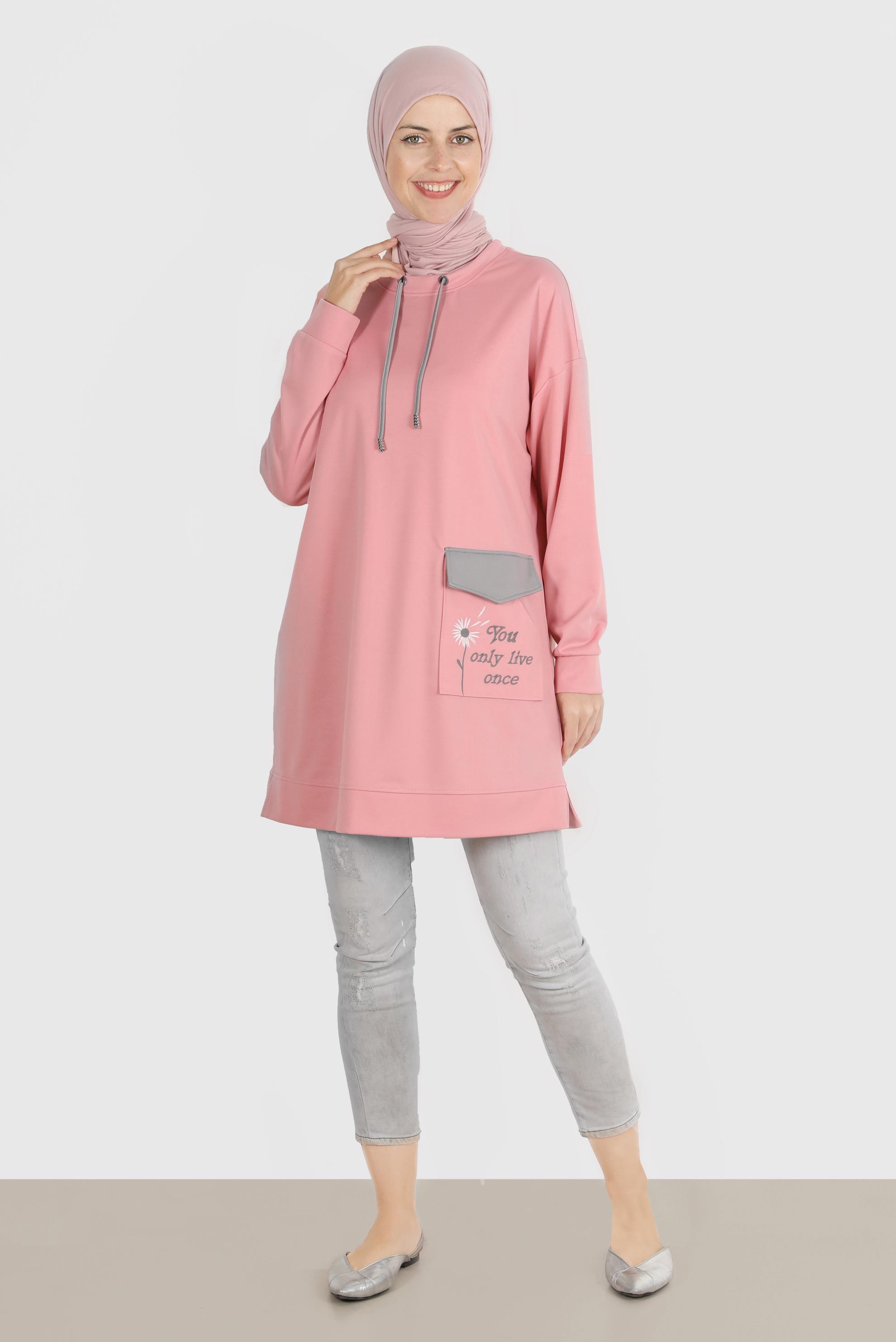 Tesettür giyim PUDRA NAKIŞLI CEPLİ EŞOFMAN TUNİK 42858	